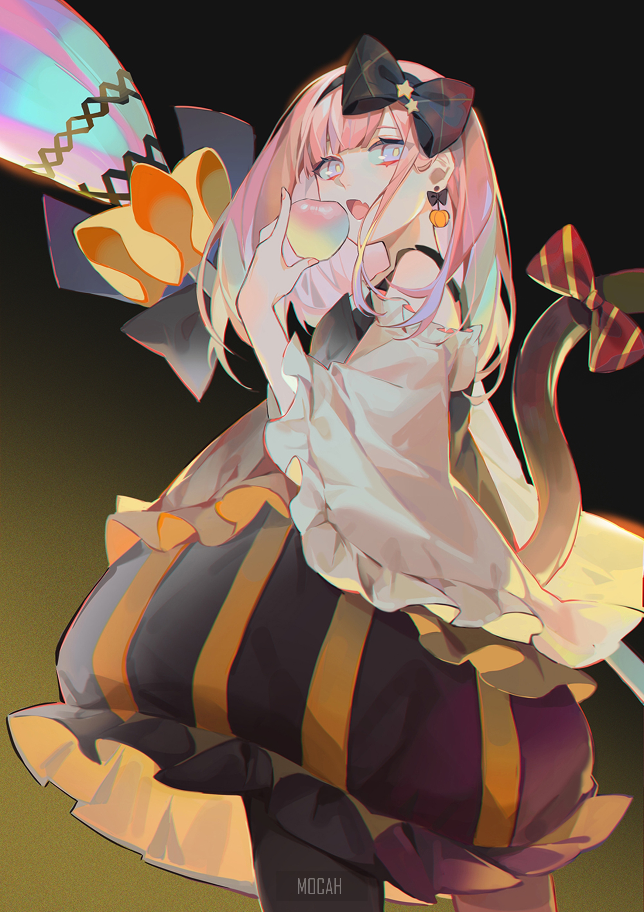Anime girl with pink hair eating an apple HD Phone Wallpaper