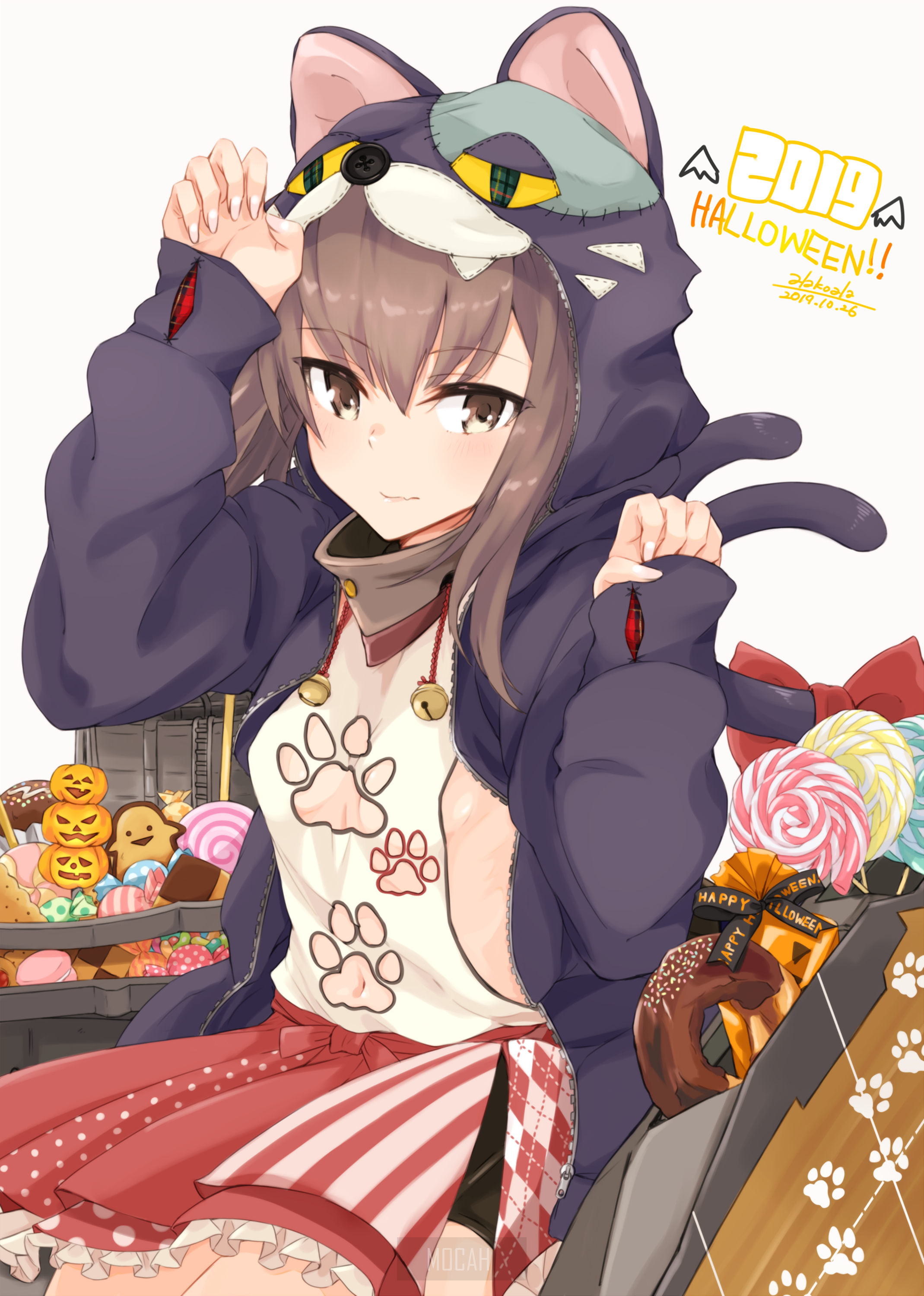 Anime girl in cat costume with Halloween candy HD Phone Wallpaper
