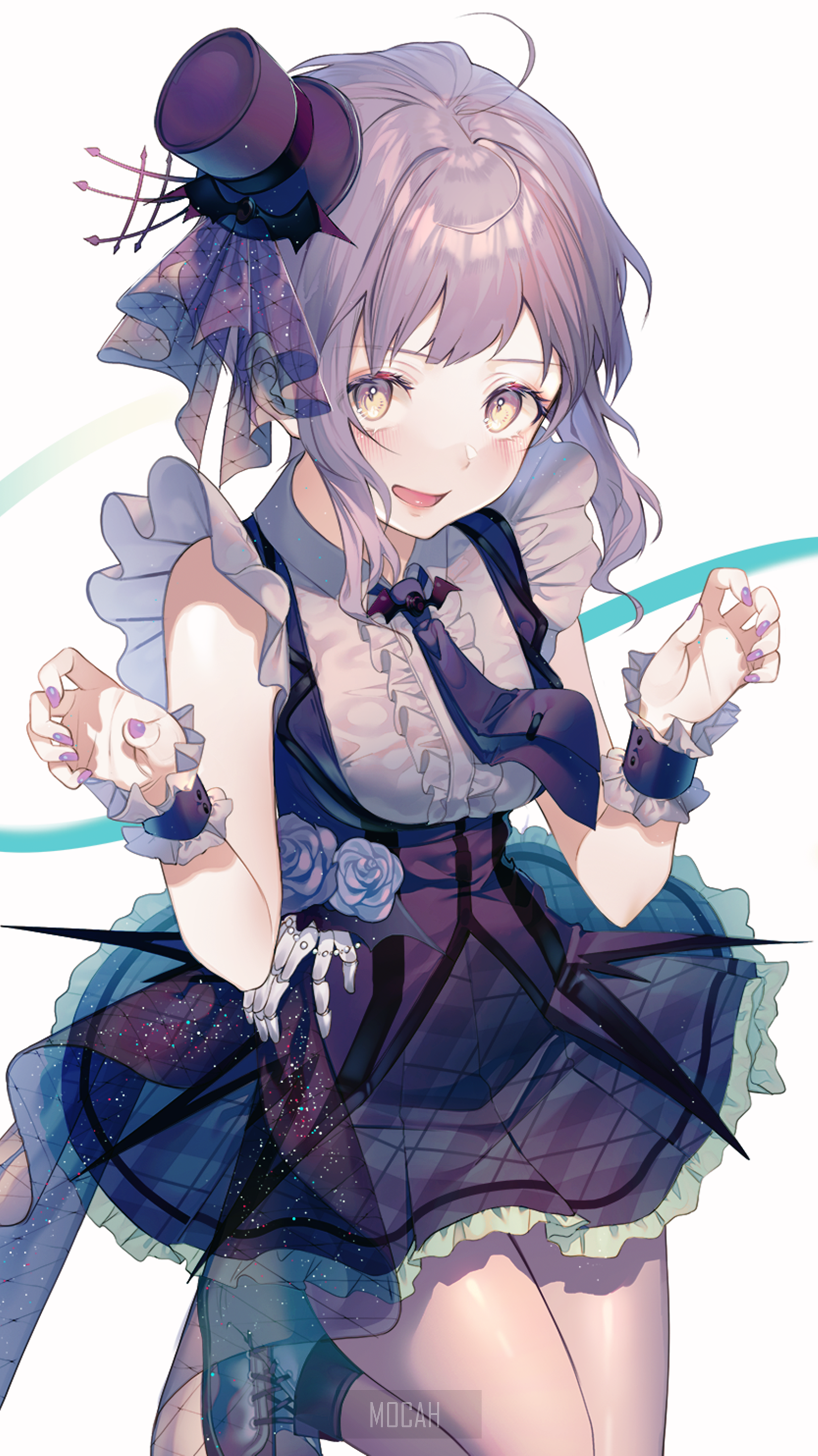 Anime girl with purple hair and top hat HD Phone Wallpaper