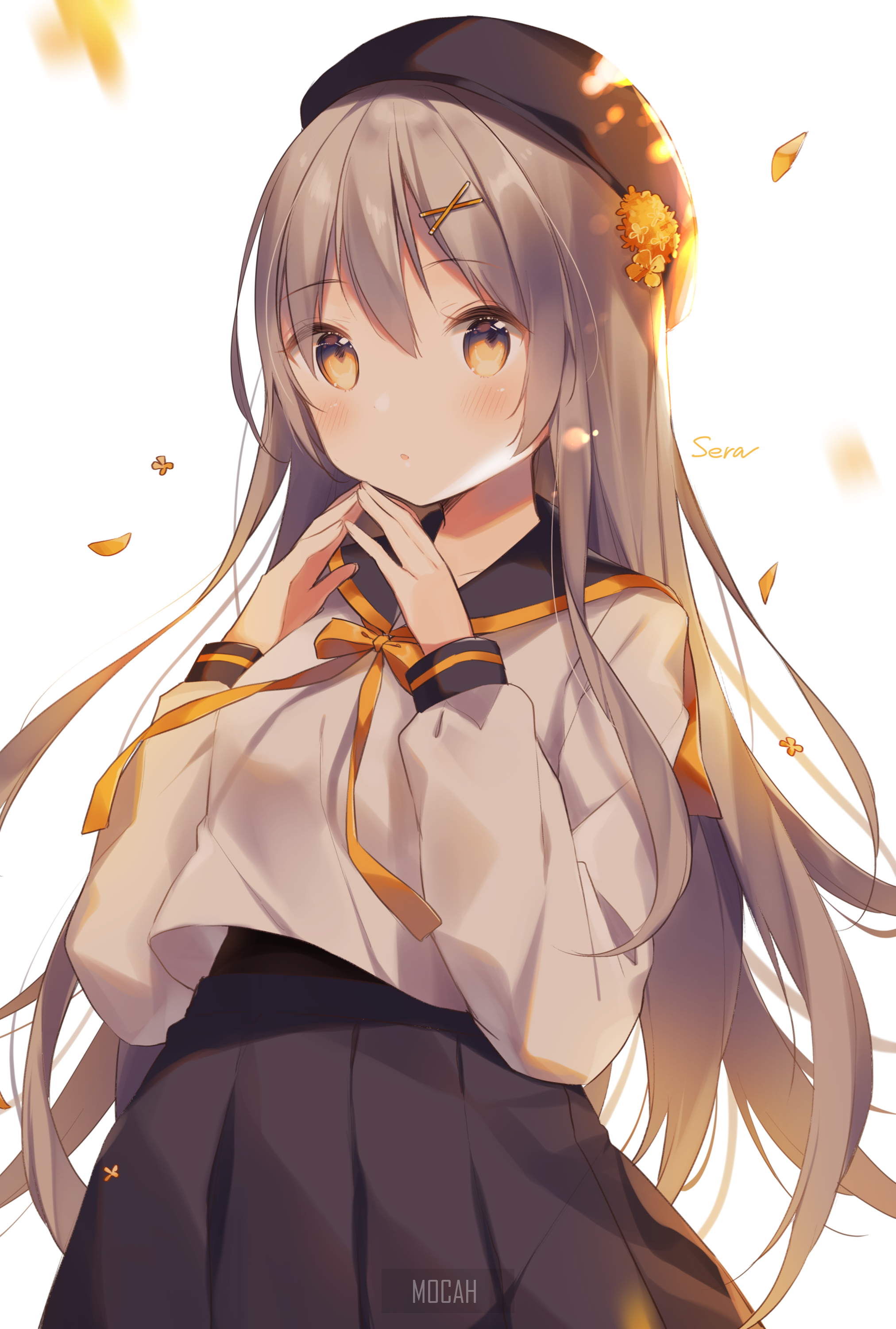Anime girl with long gray hair and beret HD Phone Wallpaper
