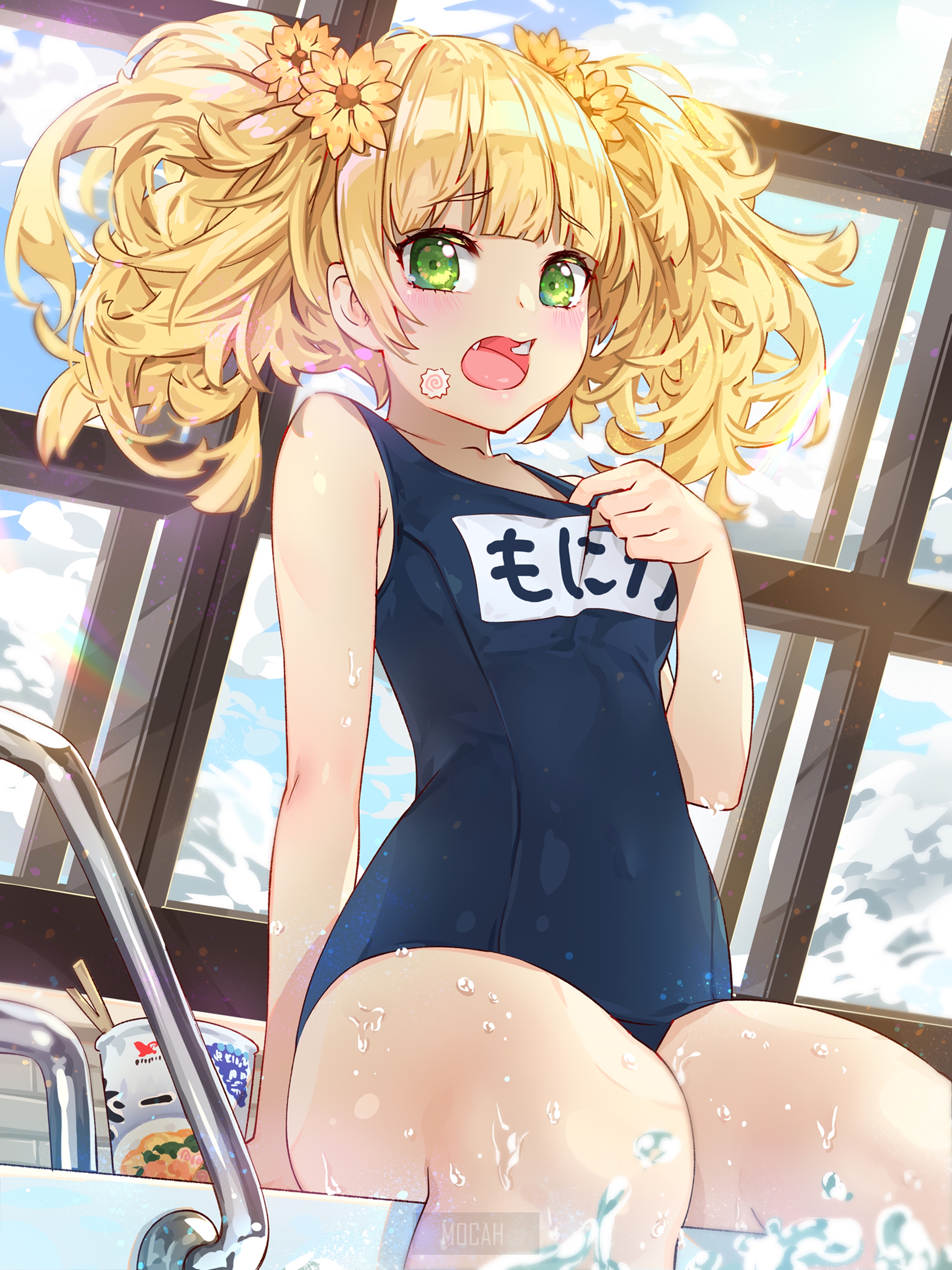 Anime girl in swimsuit with flowers in hair HD Phone Wallpaper