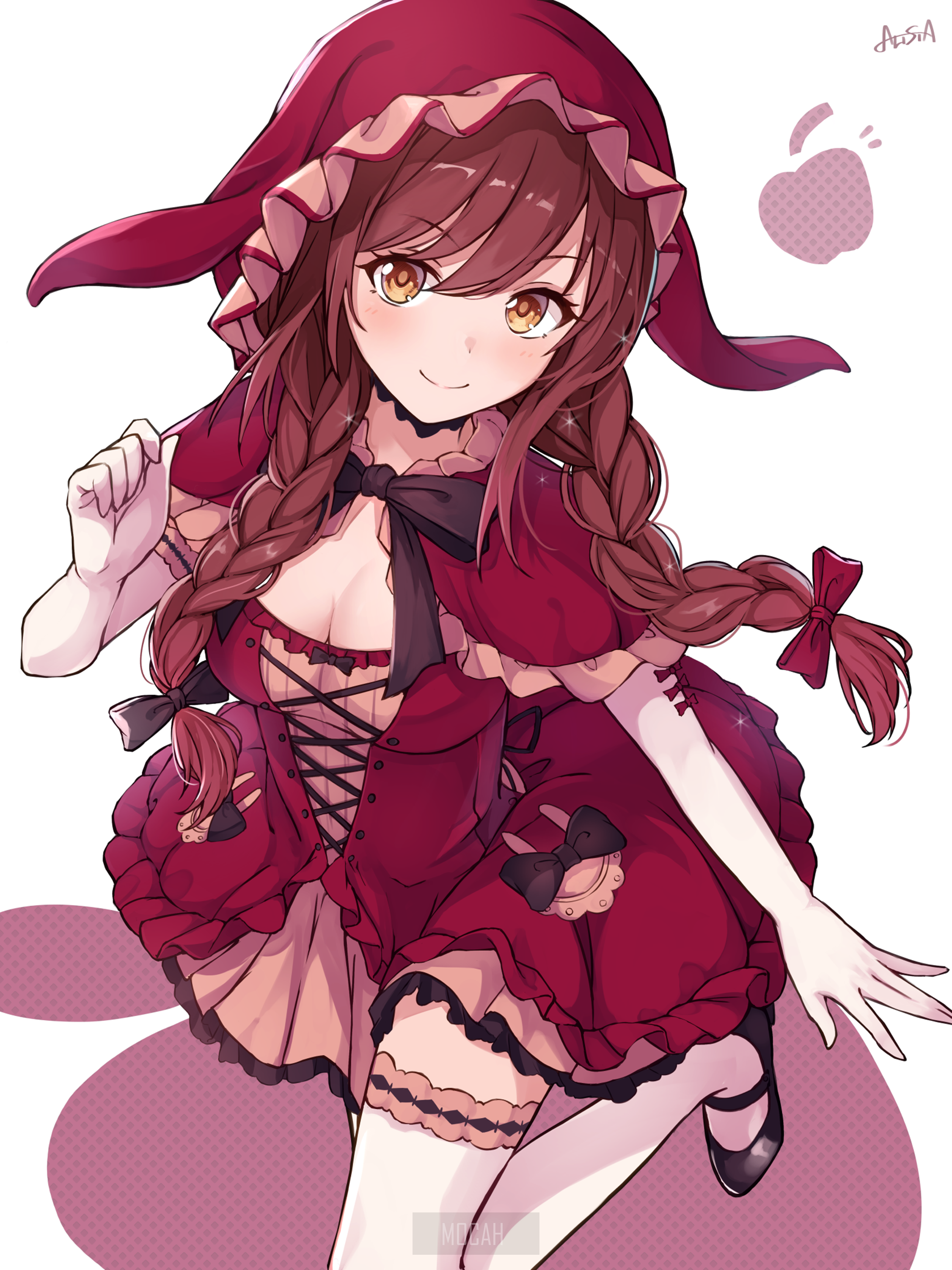 Anime girl in red hooded dress with braids HD Phone Wallpaper