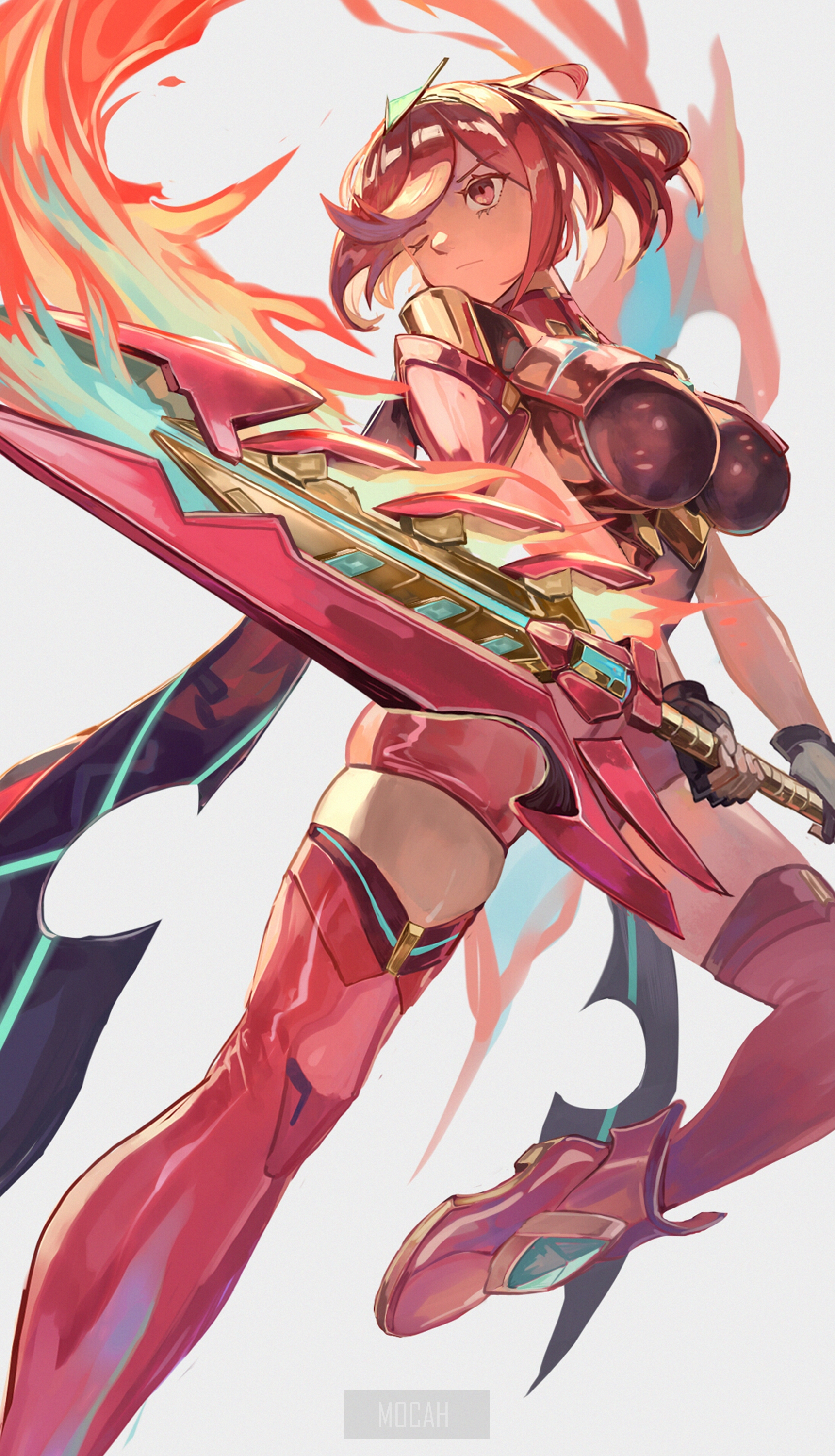 Homura from Xenoblade Chronicles 2 with Flaming Sword HD Phone Wallpaper