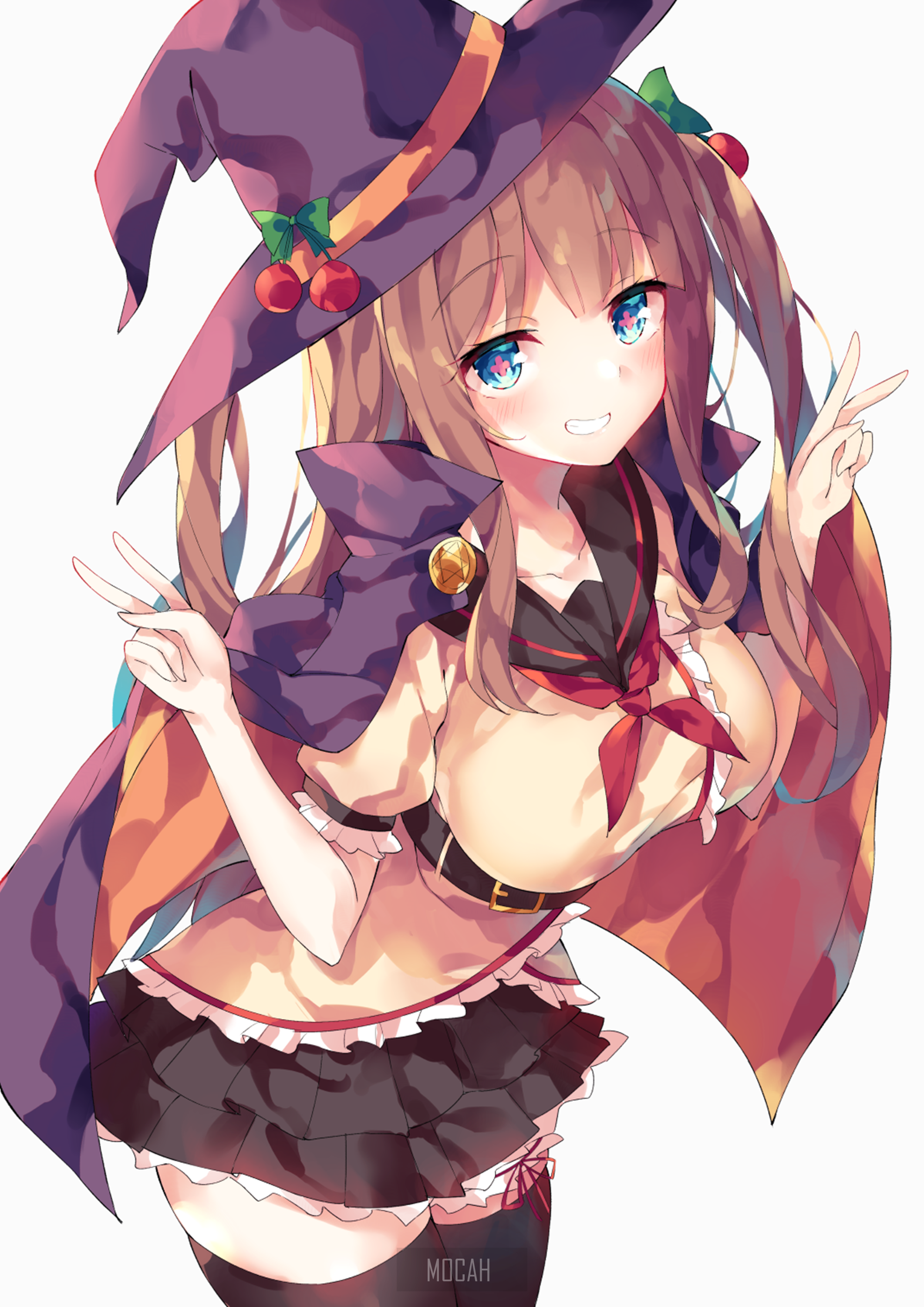 Anime girl in witch costume with cherries HD Phone Wallpaper