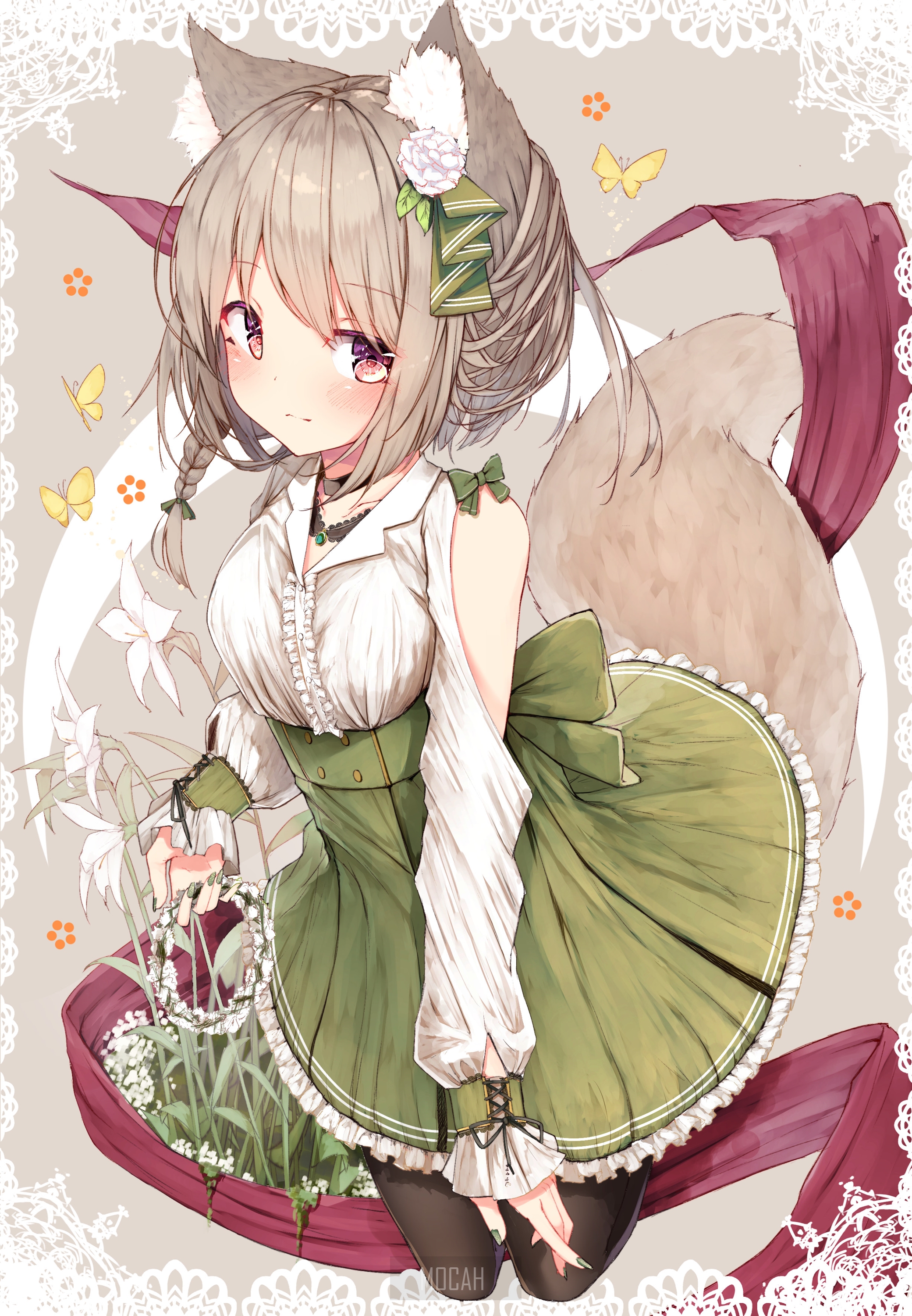 Anime girl with fox ears and tail HD Phone Wallpaper