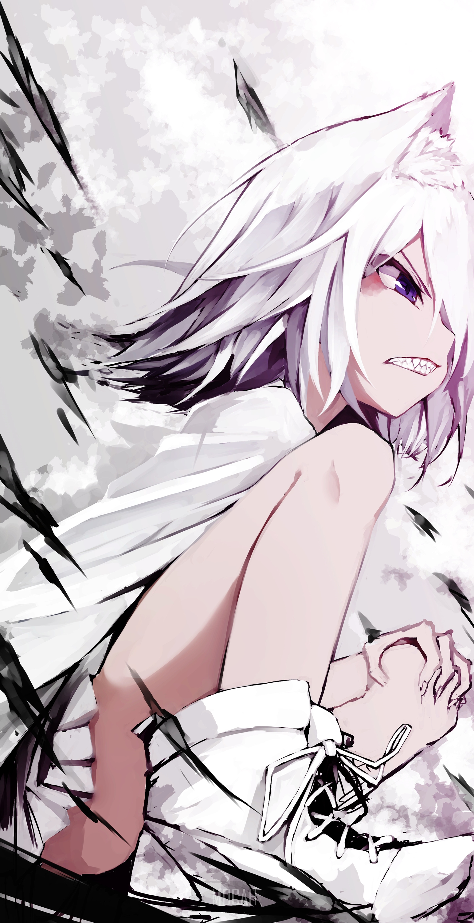 Anime girl with white hair and wolf ears HD Phone Wallpaper