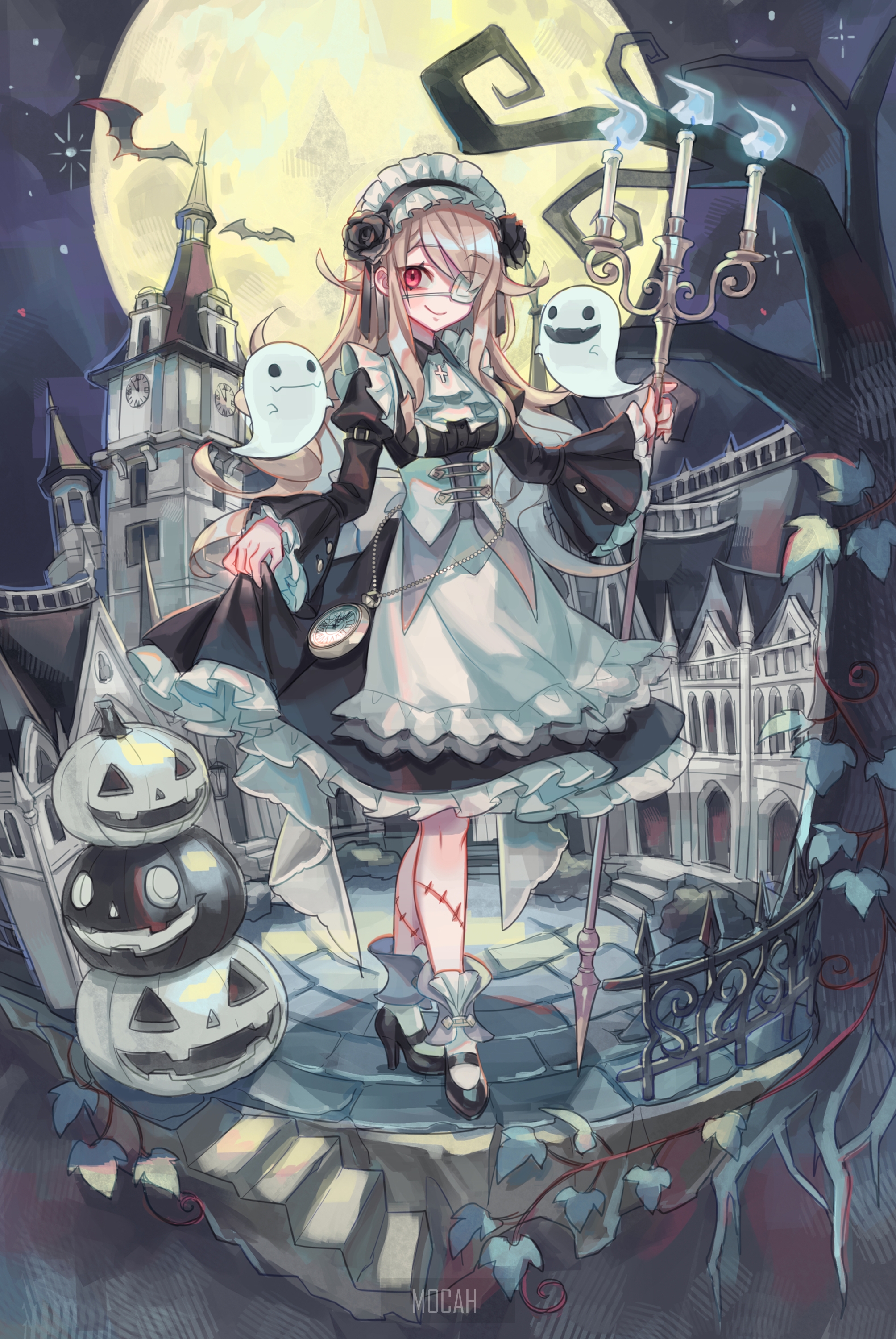 Anime girl in maid outfit with ghosts and pumpkins HD Phone Wallpaper