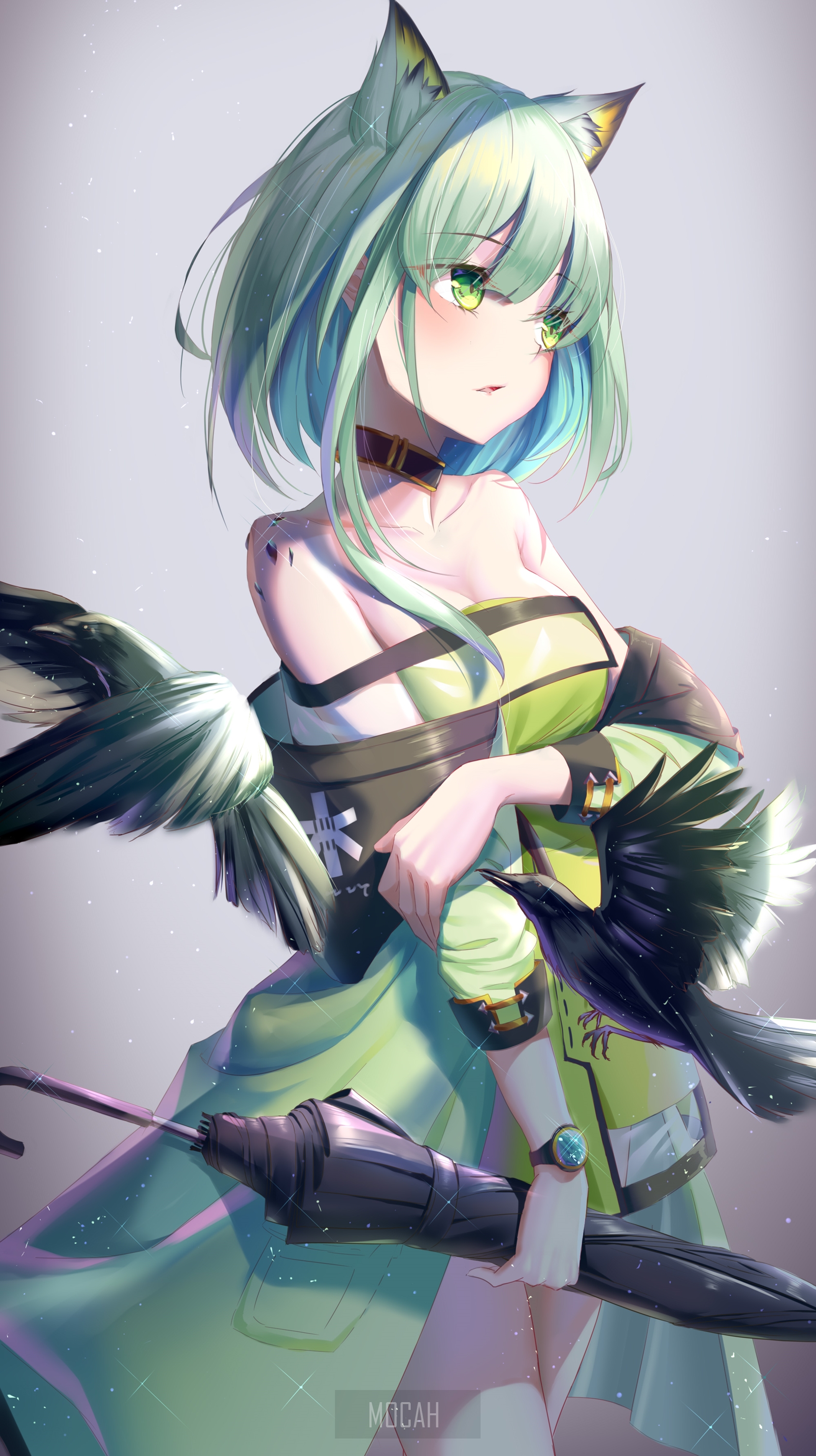 Kaltsit from Arknights with birds and umbrella HD Phone Wallpaper