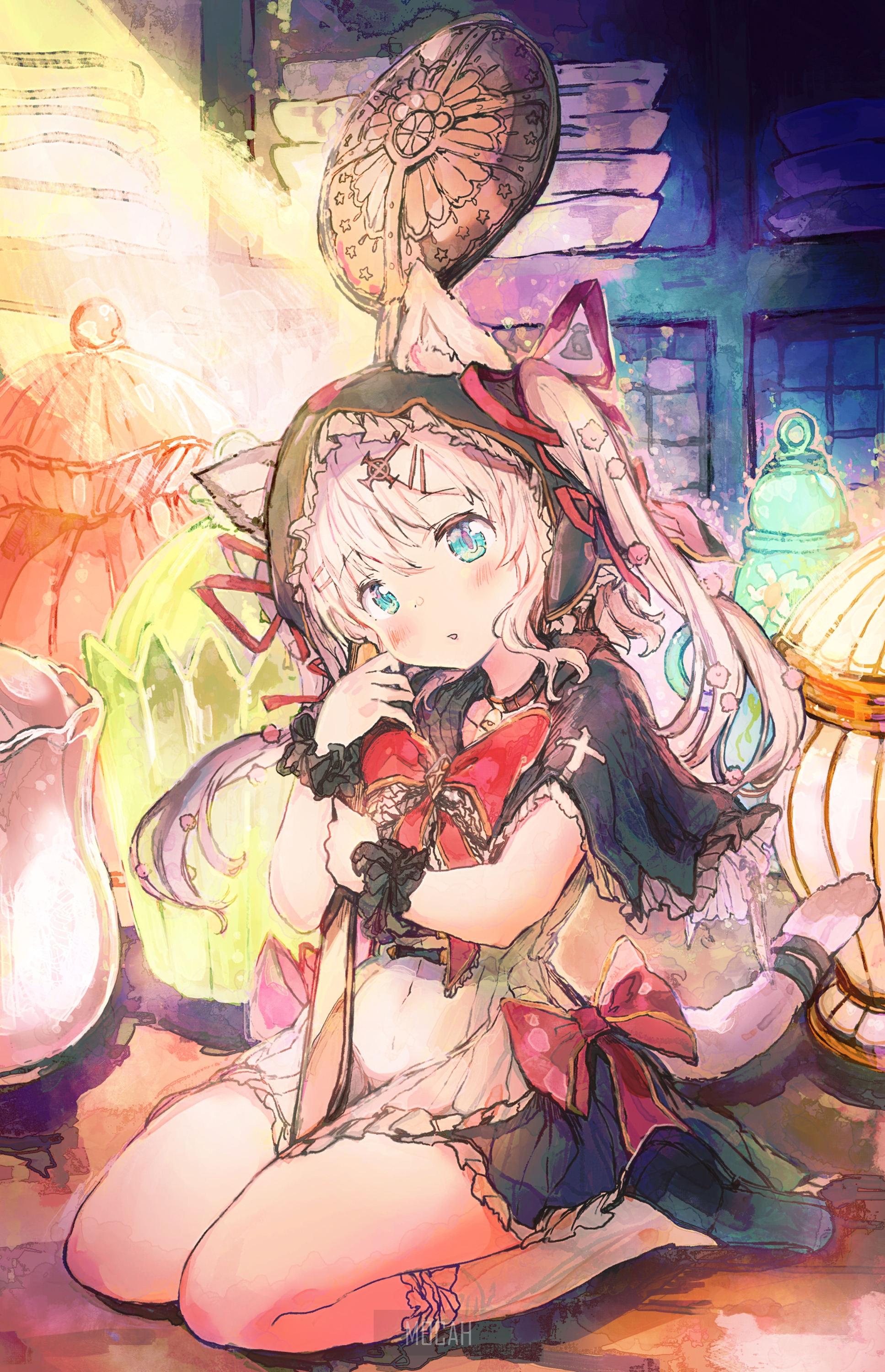 Anime girl with cat ears and a red bow HD Phone Wallpaper