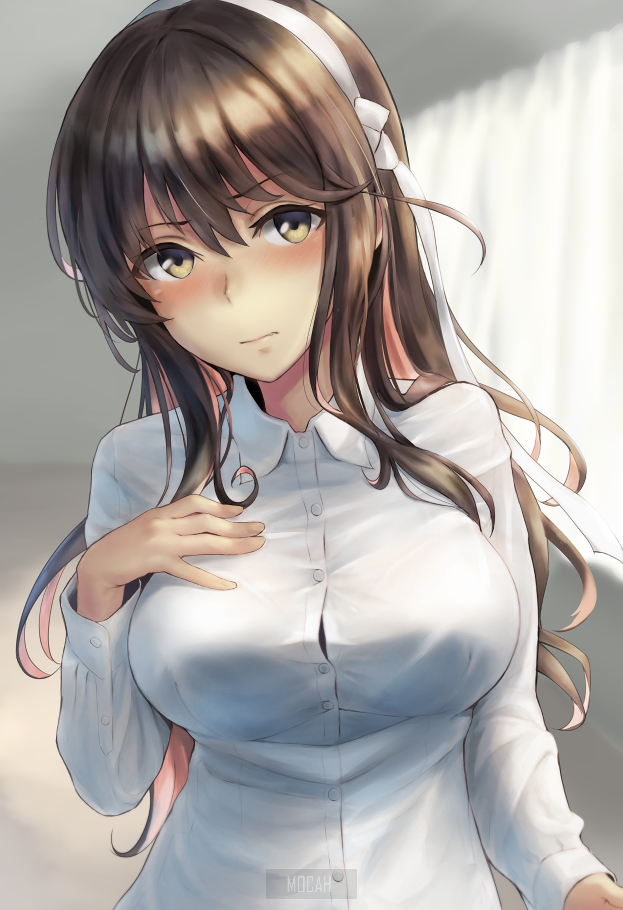Anime girl with brown hair and white shirt HD Phone Wallpaper