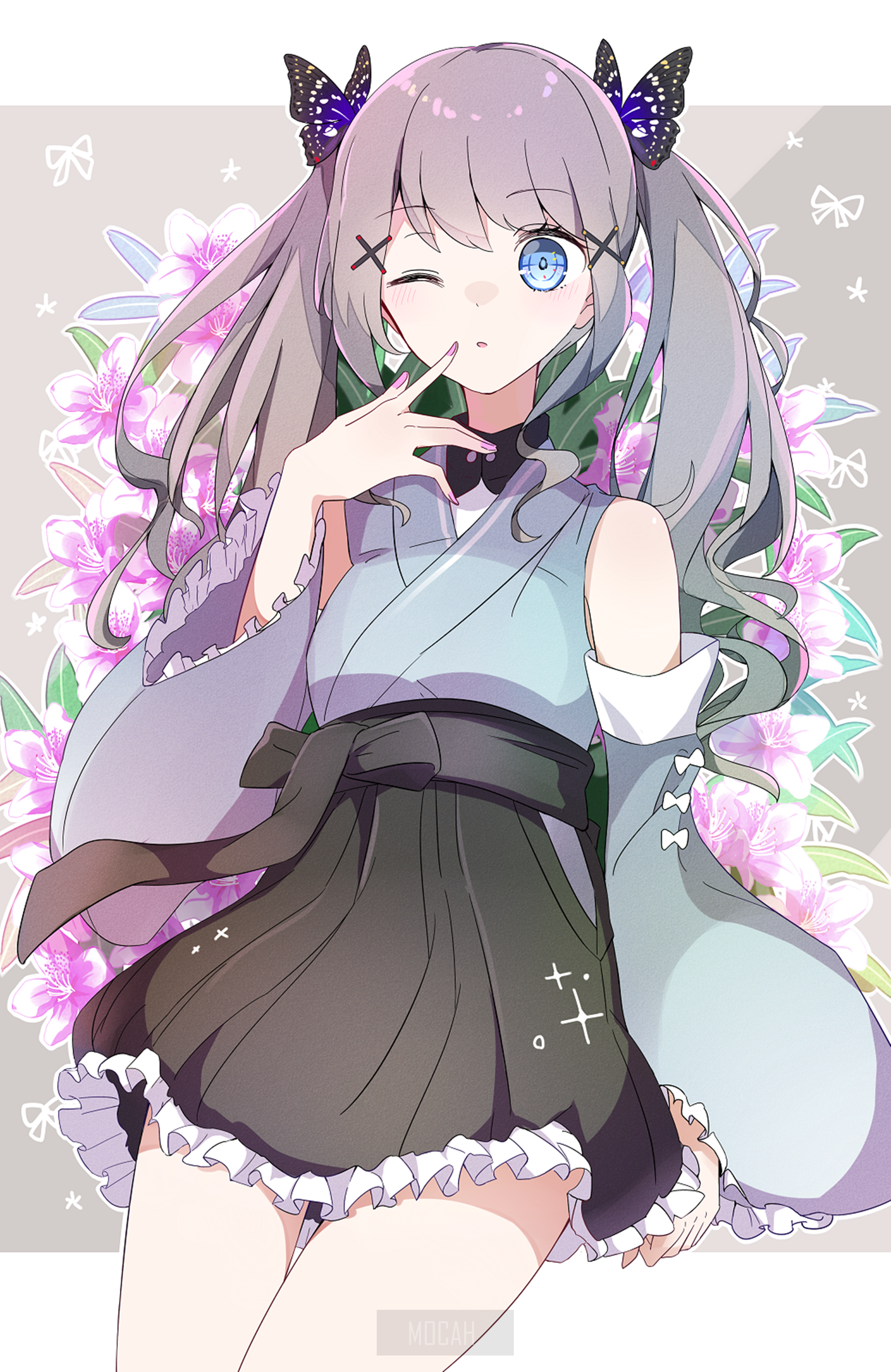 Anime girl with butterfly hair clips and flowers HD Phone Wallpaper