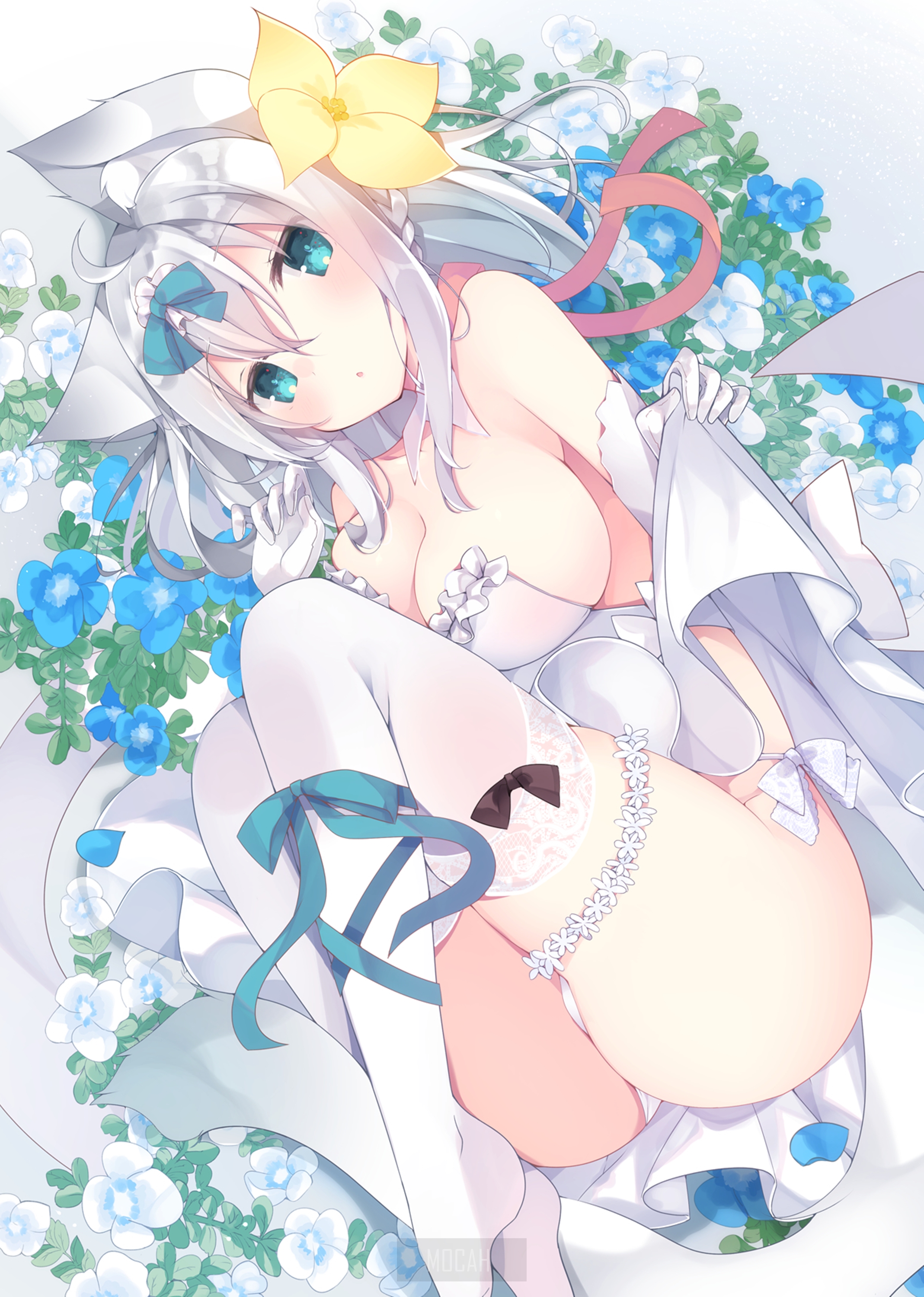 Anime girl in white dress with blue flowers HD Phone Wallpaper