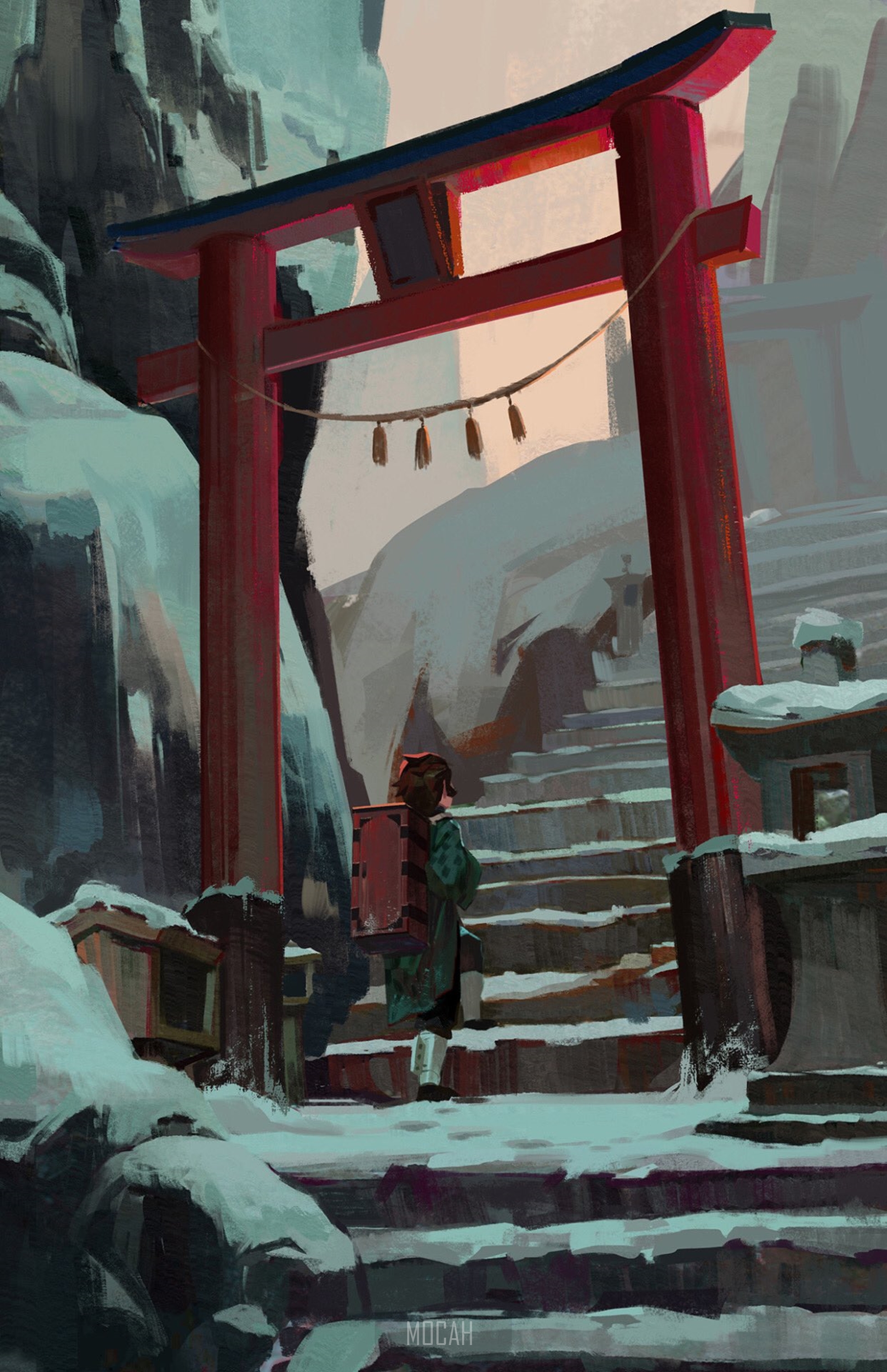 Anime girl with box walking up snowy stairs through torii gate HD Phone Wallpaper