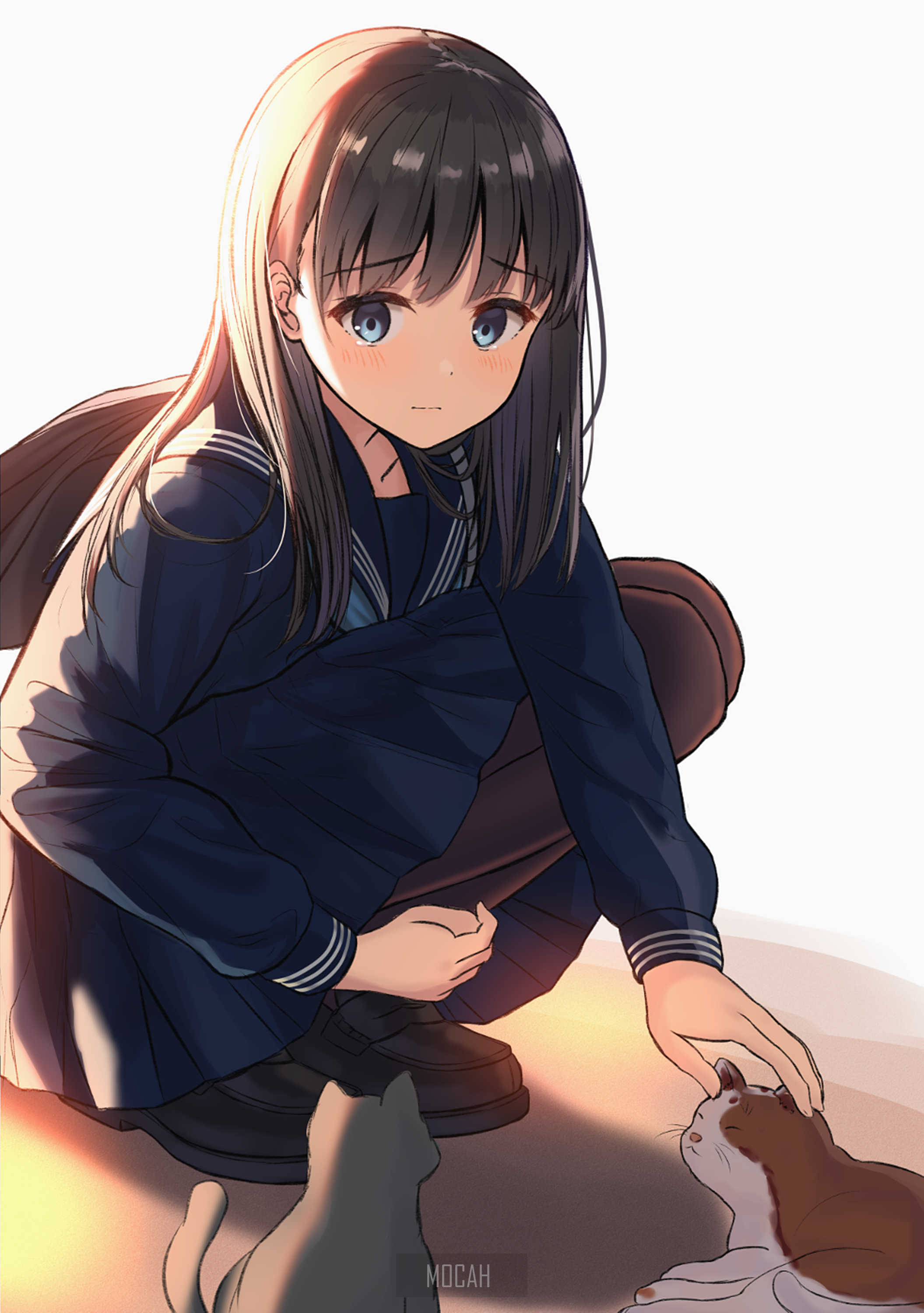 Anime girl in school uniform petting cats HD Phone Wallpaper