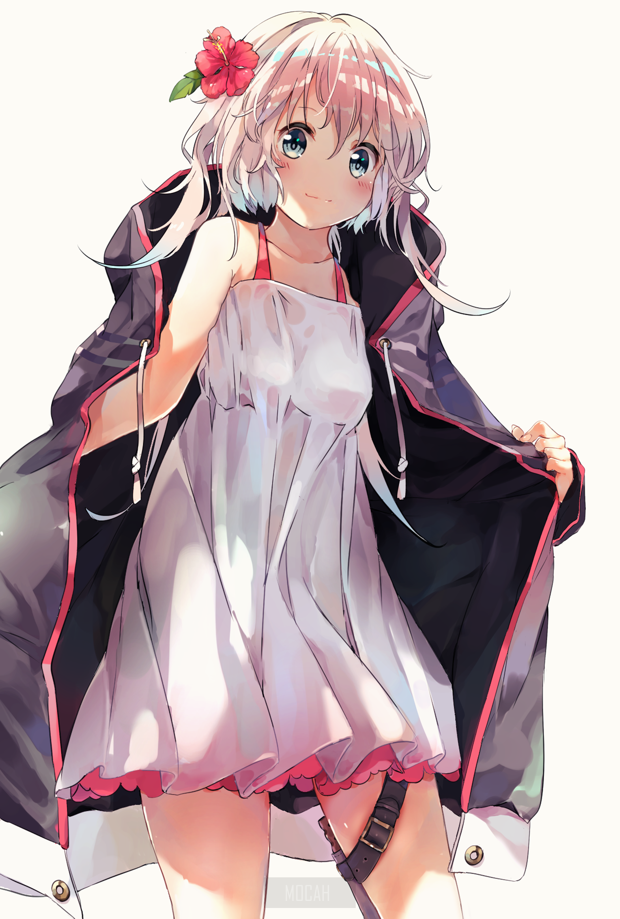Anime girl with white dress and flower in hair HD Phone Wallpaper
