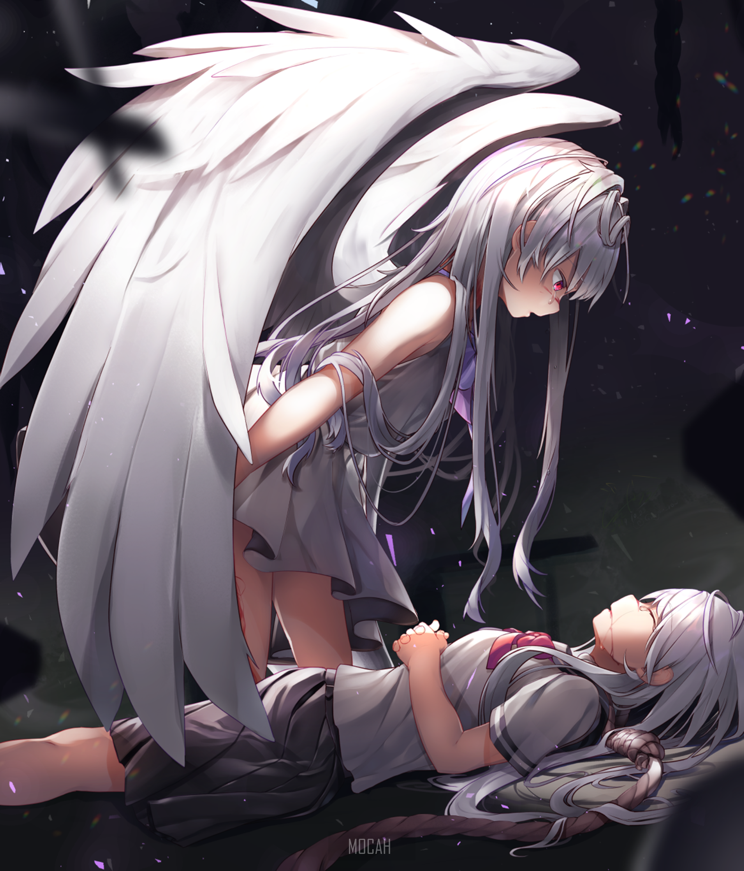 Anime girl with white wings looking down at another girl HD Phone Wallpaper