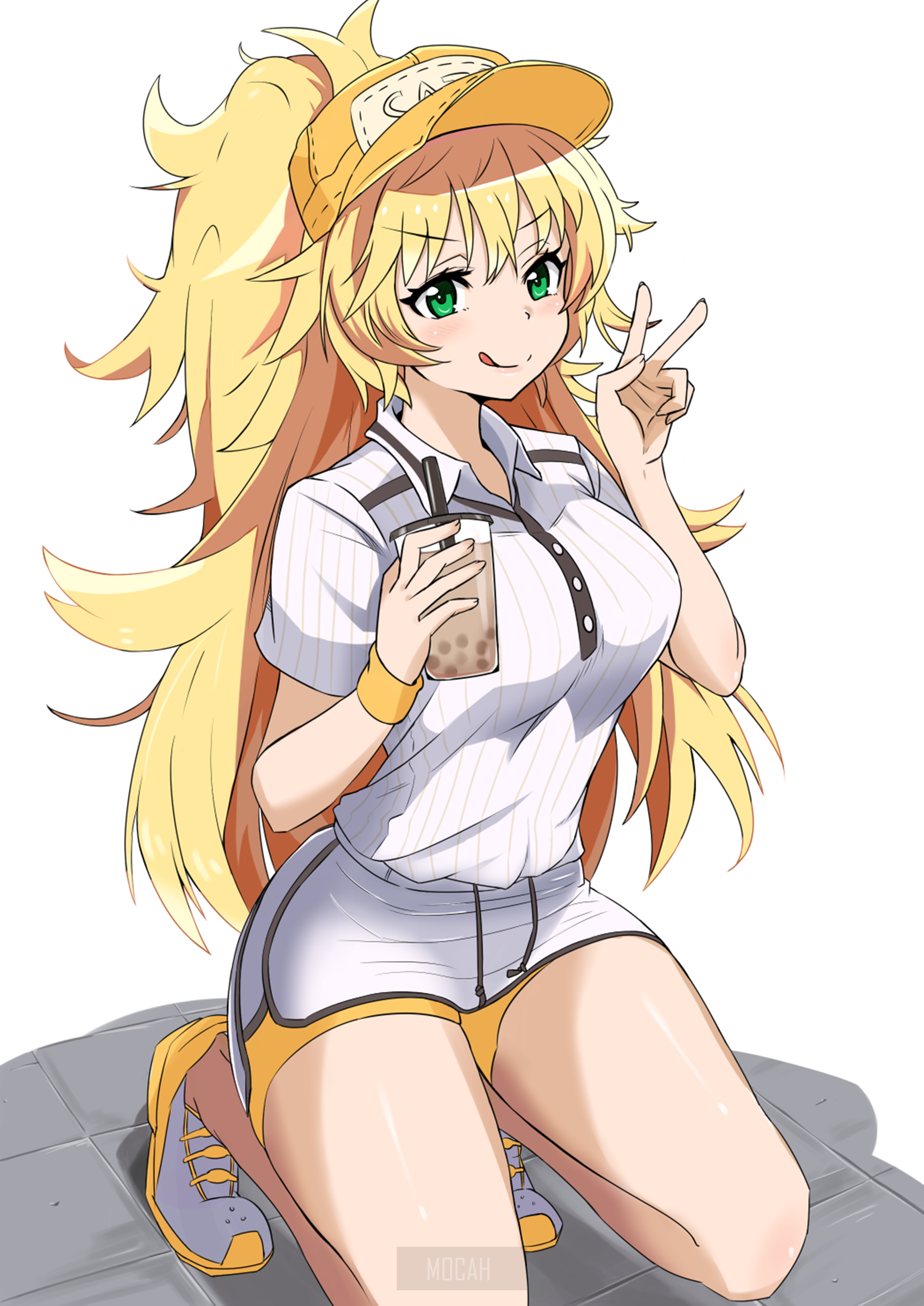 Anime girl with blonde hair holding a drink HD Phone Wallpaper
