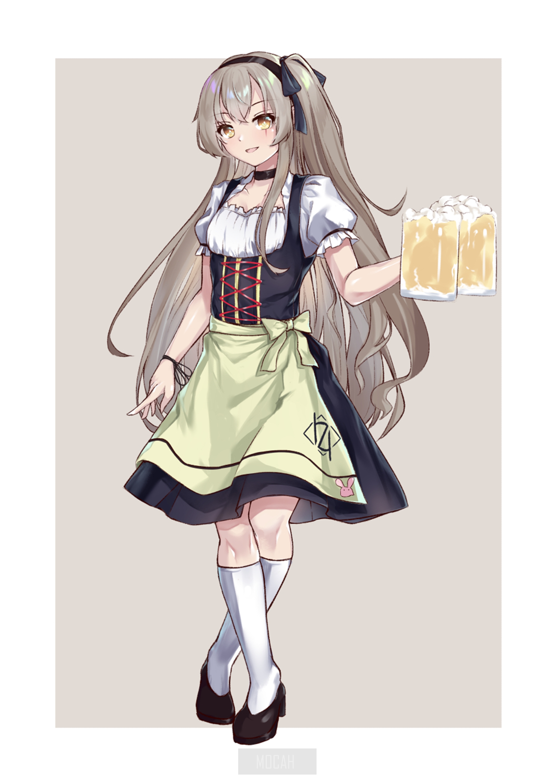 Anime girl in dirndl holding beer mugs HD Phone Wallpaper
