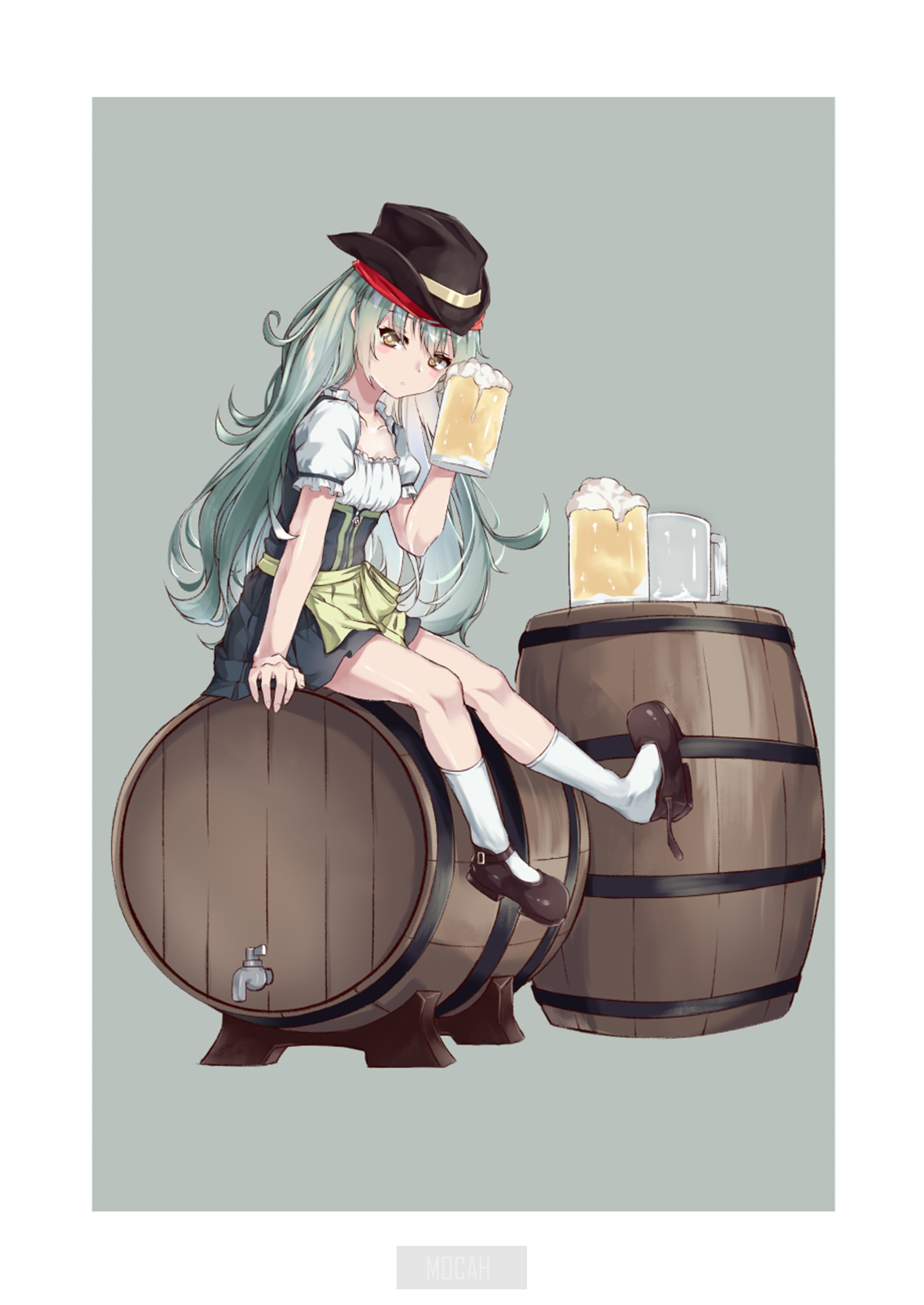 Anime girl in dirndl with beer mugs and barrels HD Phone Wallpaper