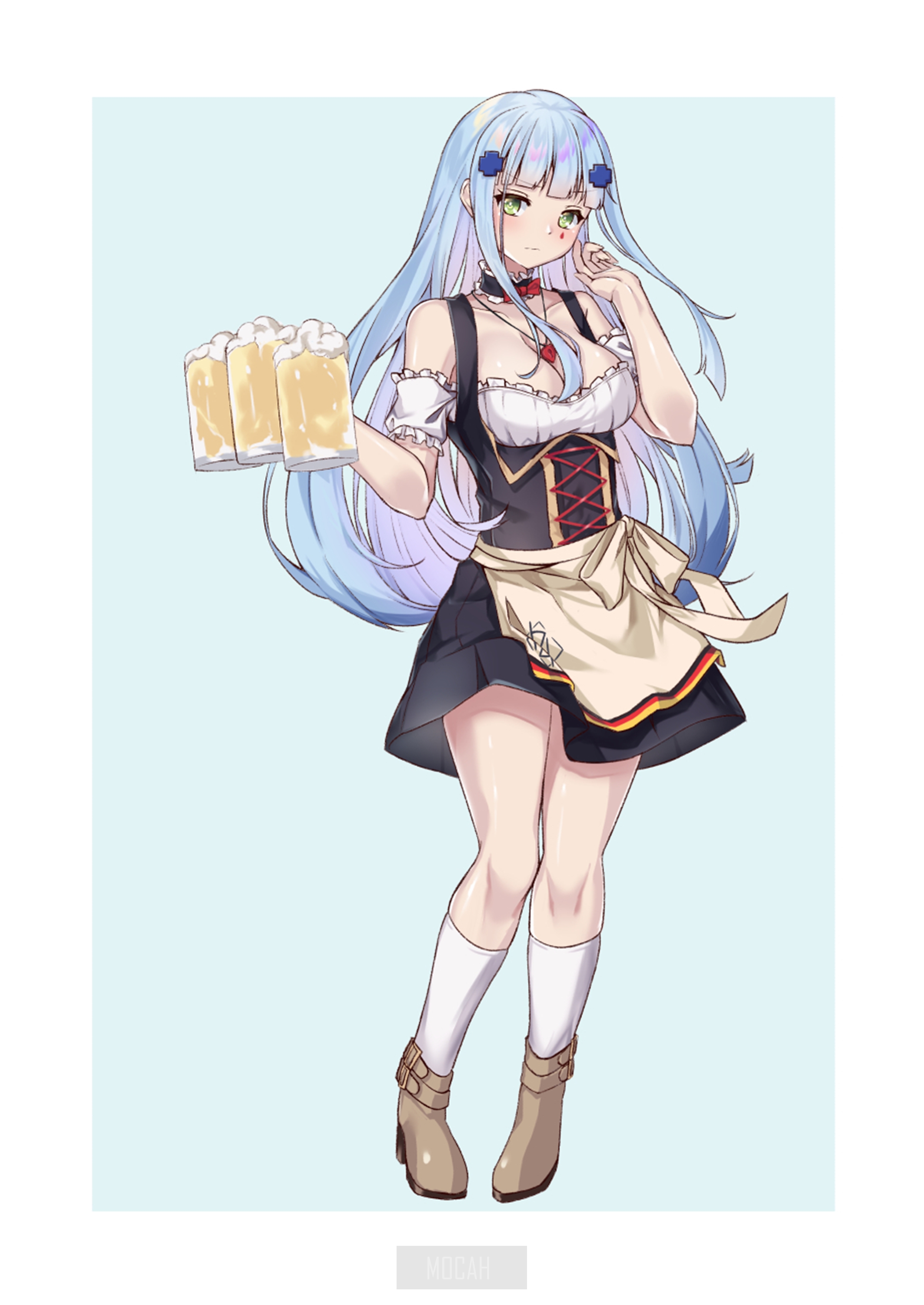 Anime girl in German dirndl holding beer mugs HD Phone Wallpaper