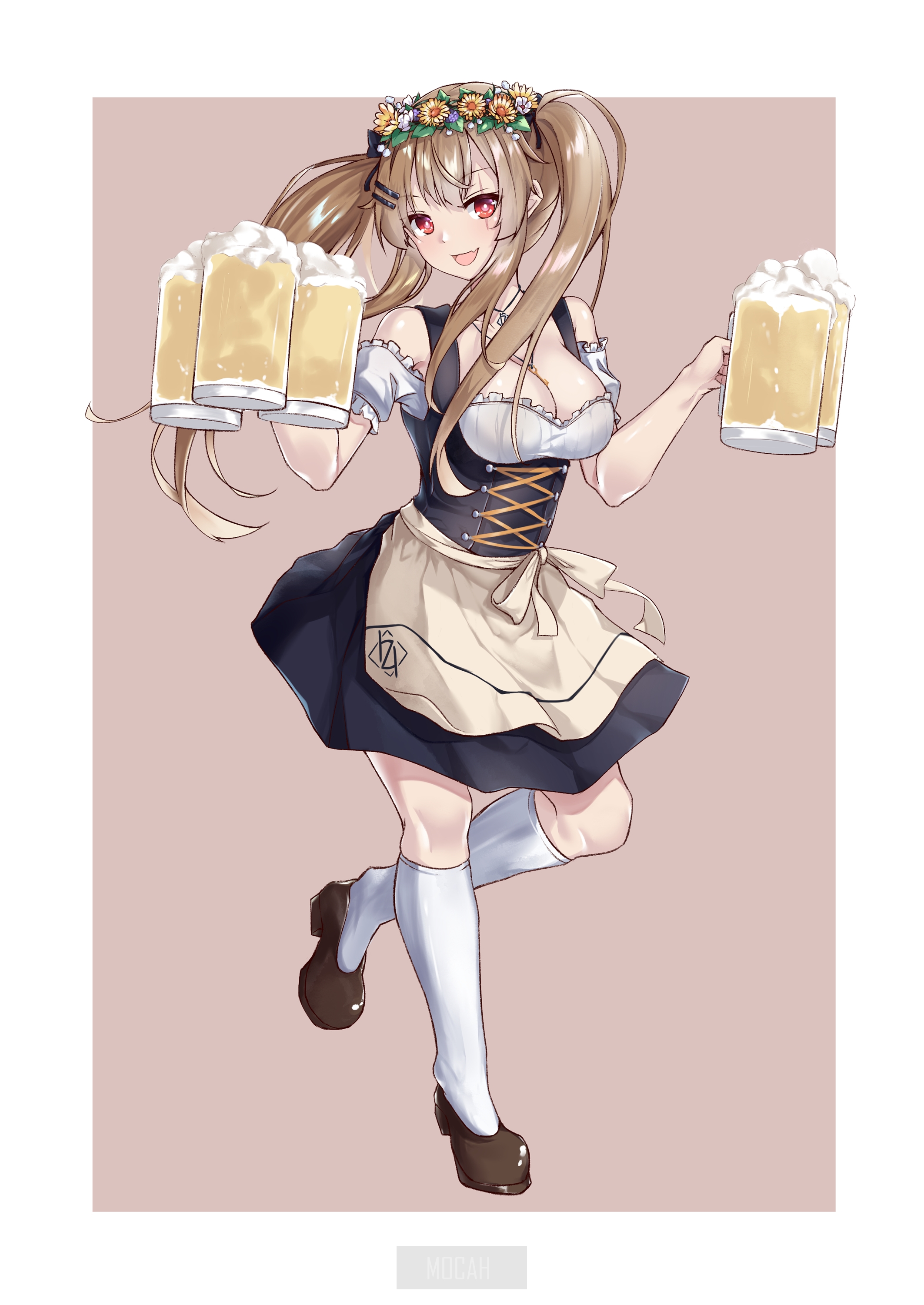Anime girl in dirndl holding beer mugs HD Phone Wallpaper