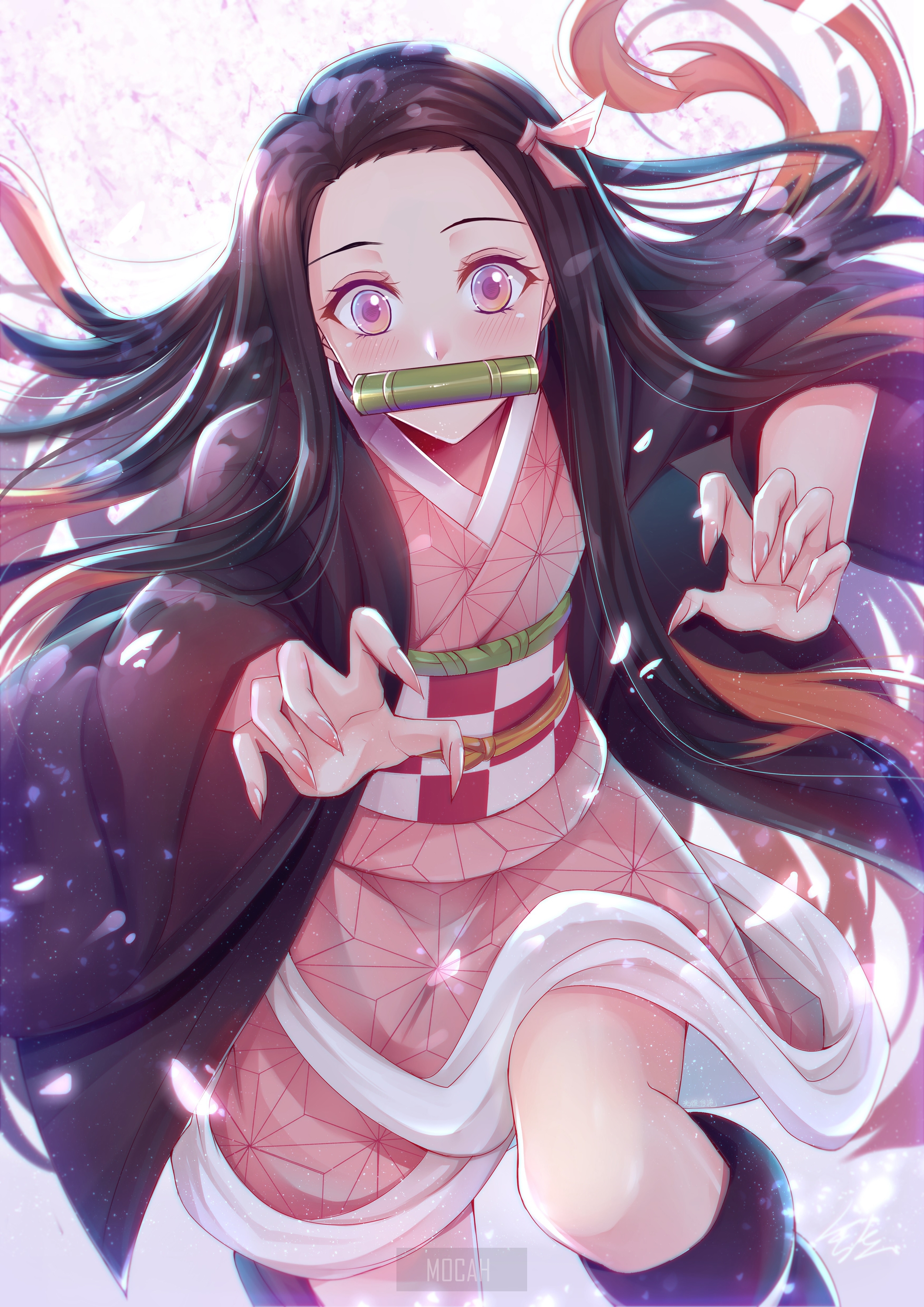 Nezuko Kamado in Dynamic Action Pose HD Phone Wallpaper