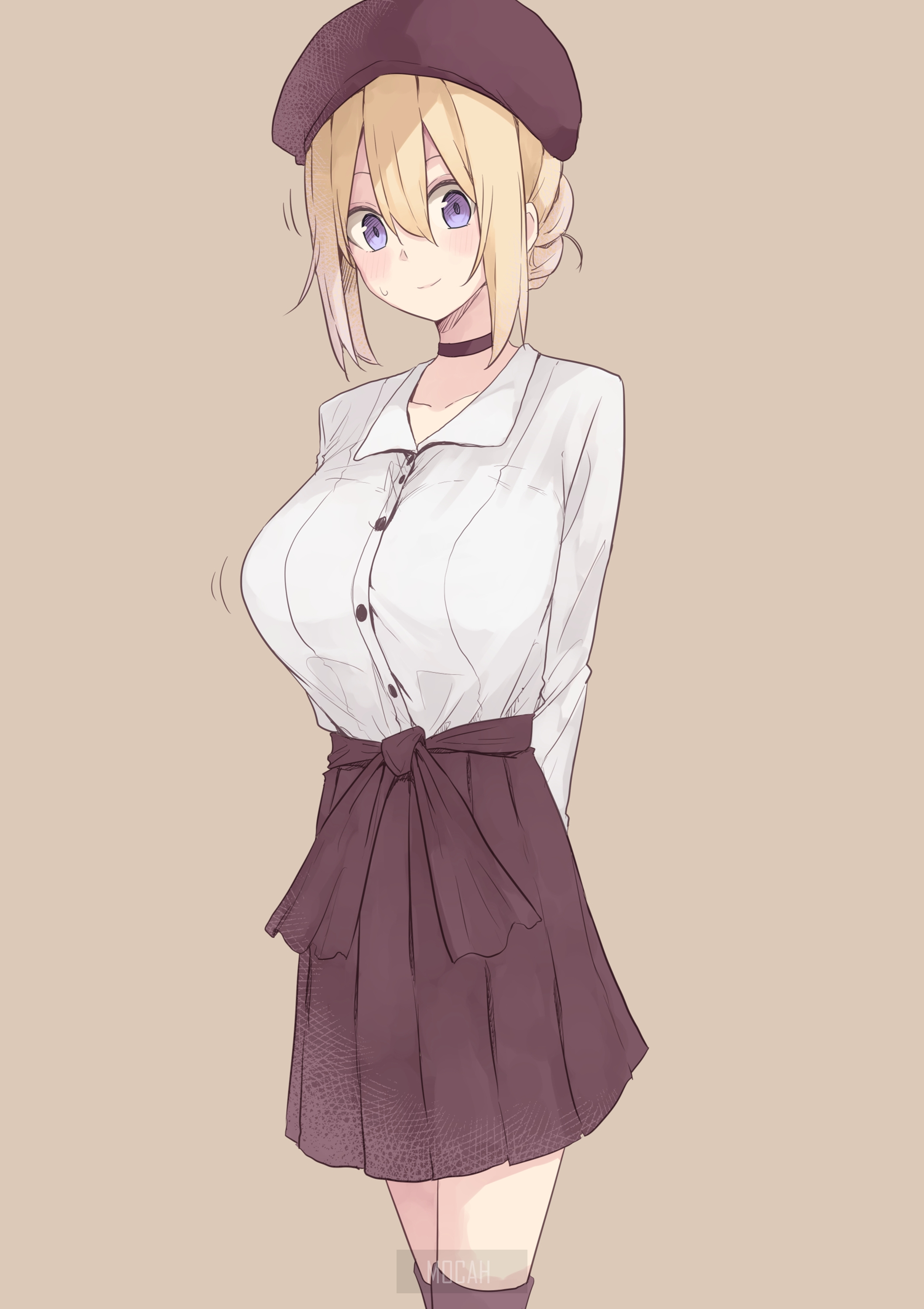 Anime girl with blonde hair wearing a beret and skirt HD Phone Wallpaper