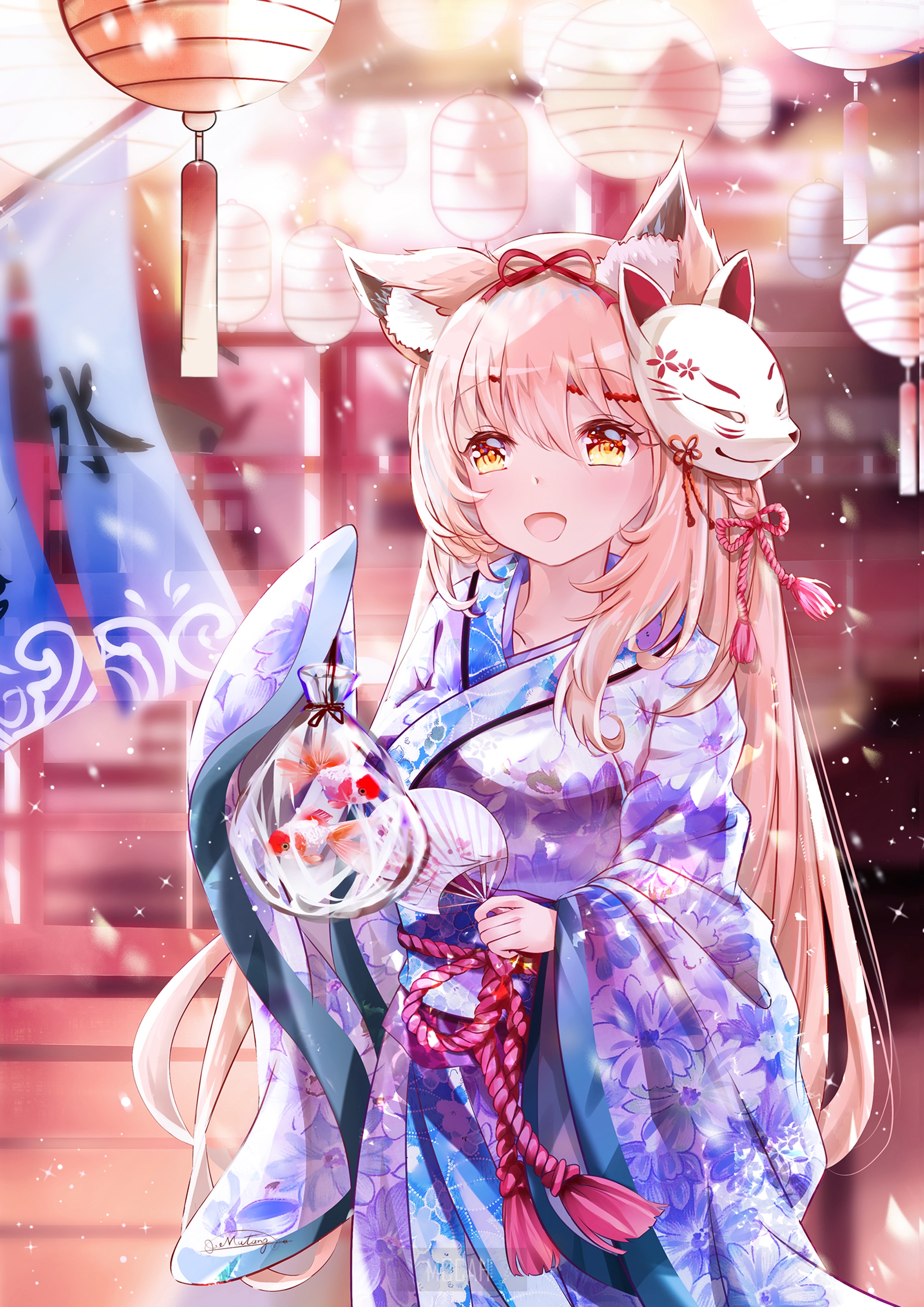 Anime Girl in Traditional Kimono with Fox Mask HD Phone Wallpaper