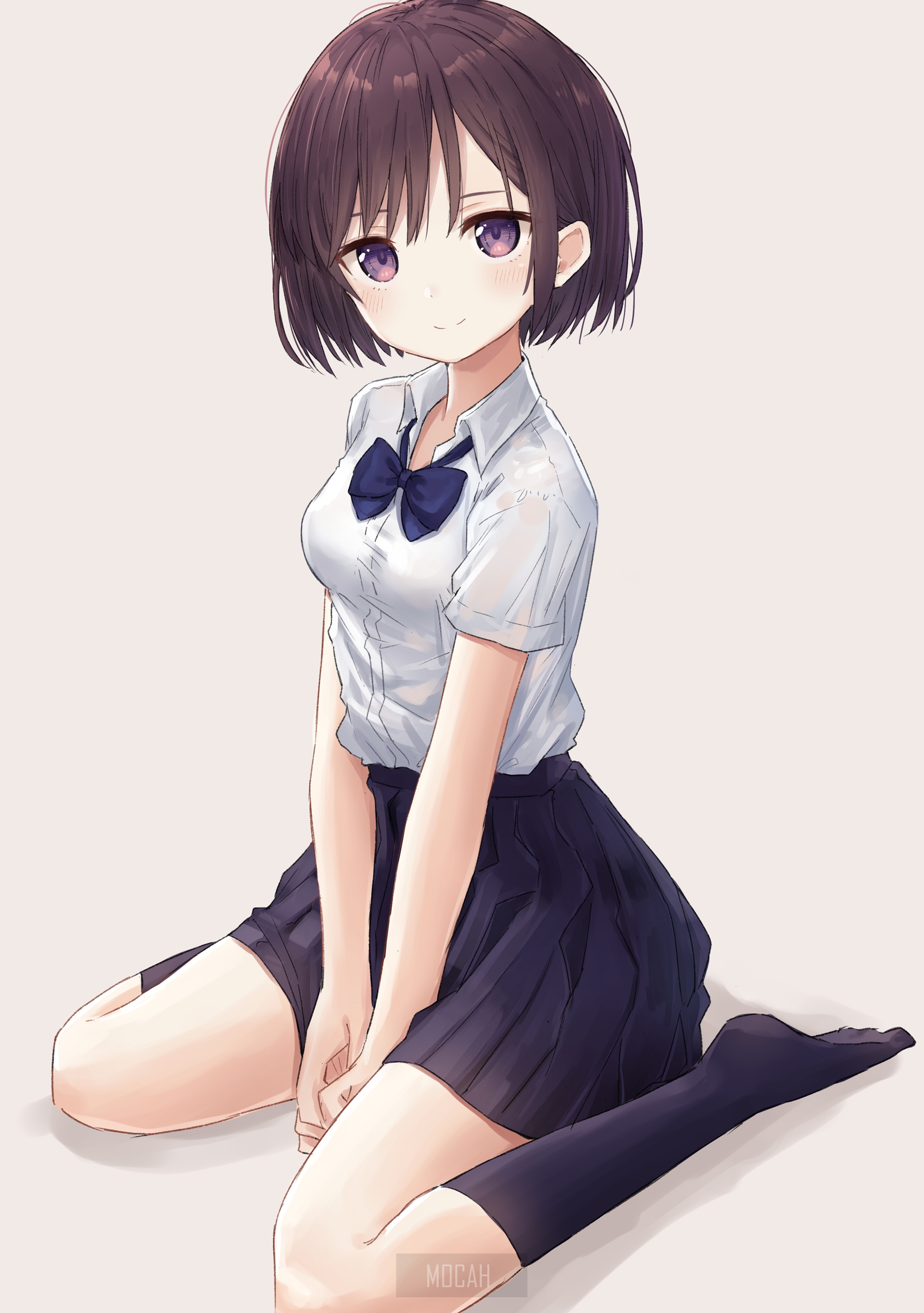 Anime girl with short brown hair and purple eyes HD Phone Wallpaper