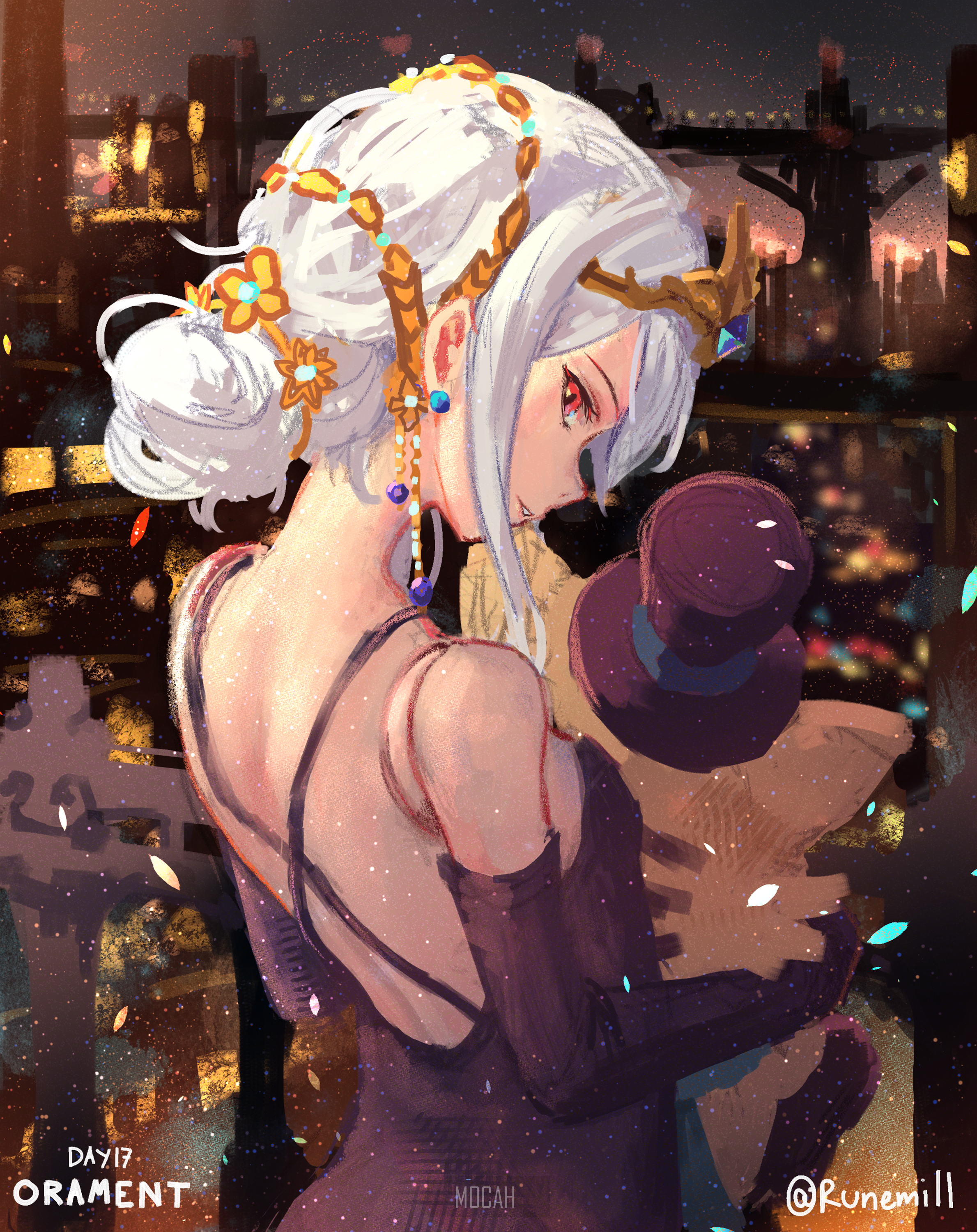 Anime girl with white hair and ornate jewelry holding a stuffed toy HD Phone Wallpaper