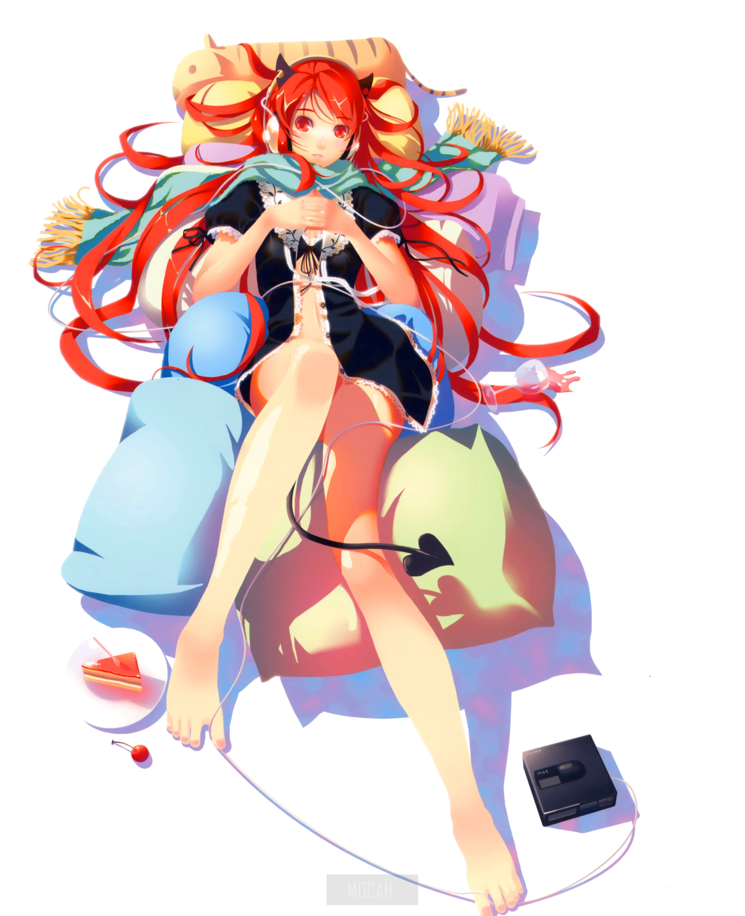 Anime girl with red hair listening to music HD Phone Wallpaper