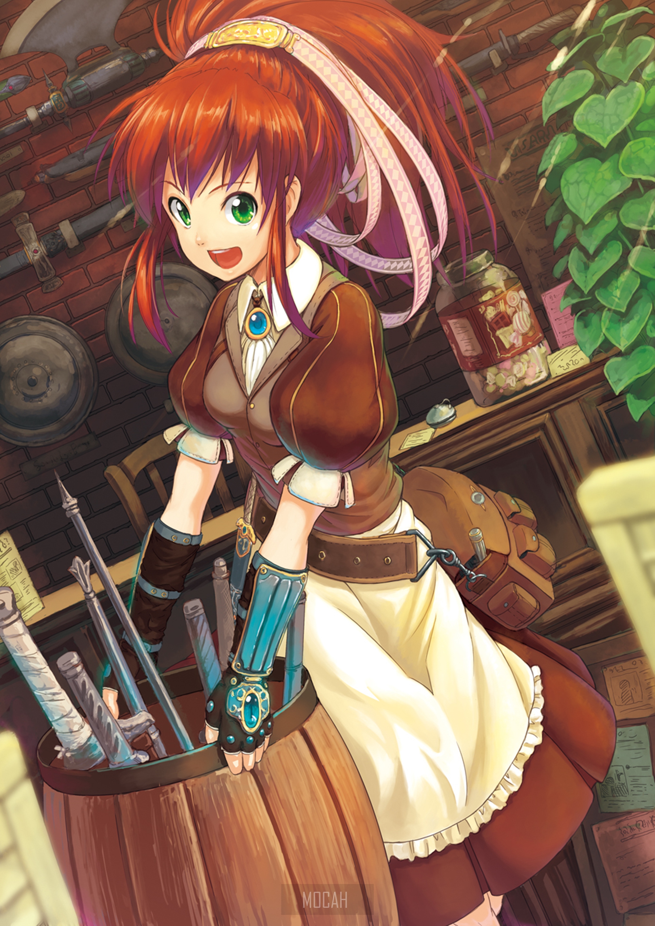 Anime girl with red hair in a workshop HD Phone Wallpaper