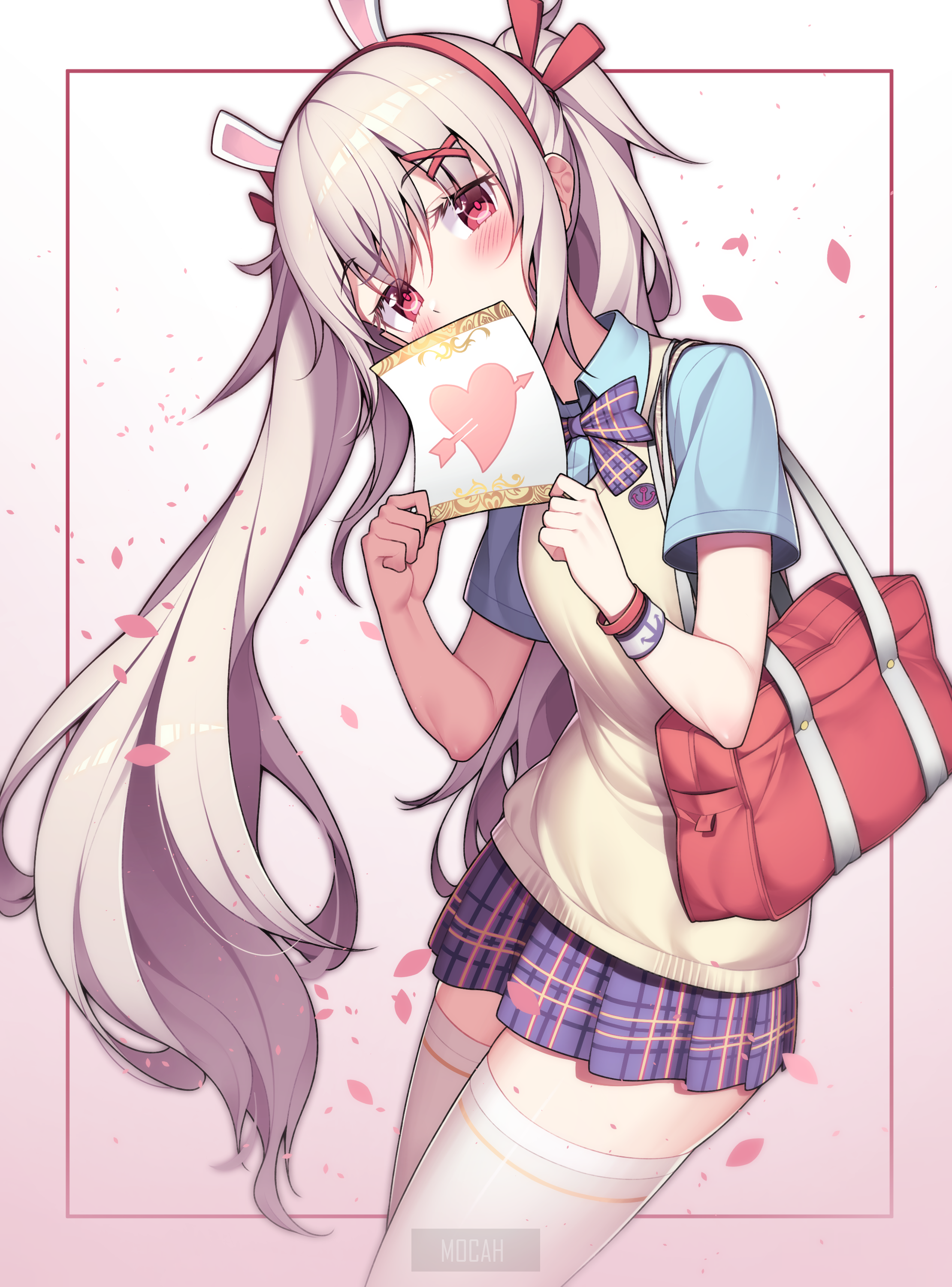 Anime girl with bunny ears holding a Valentine's card HD Phone Wallpaper