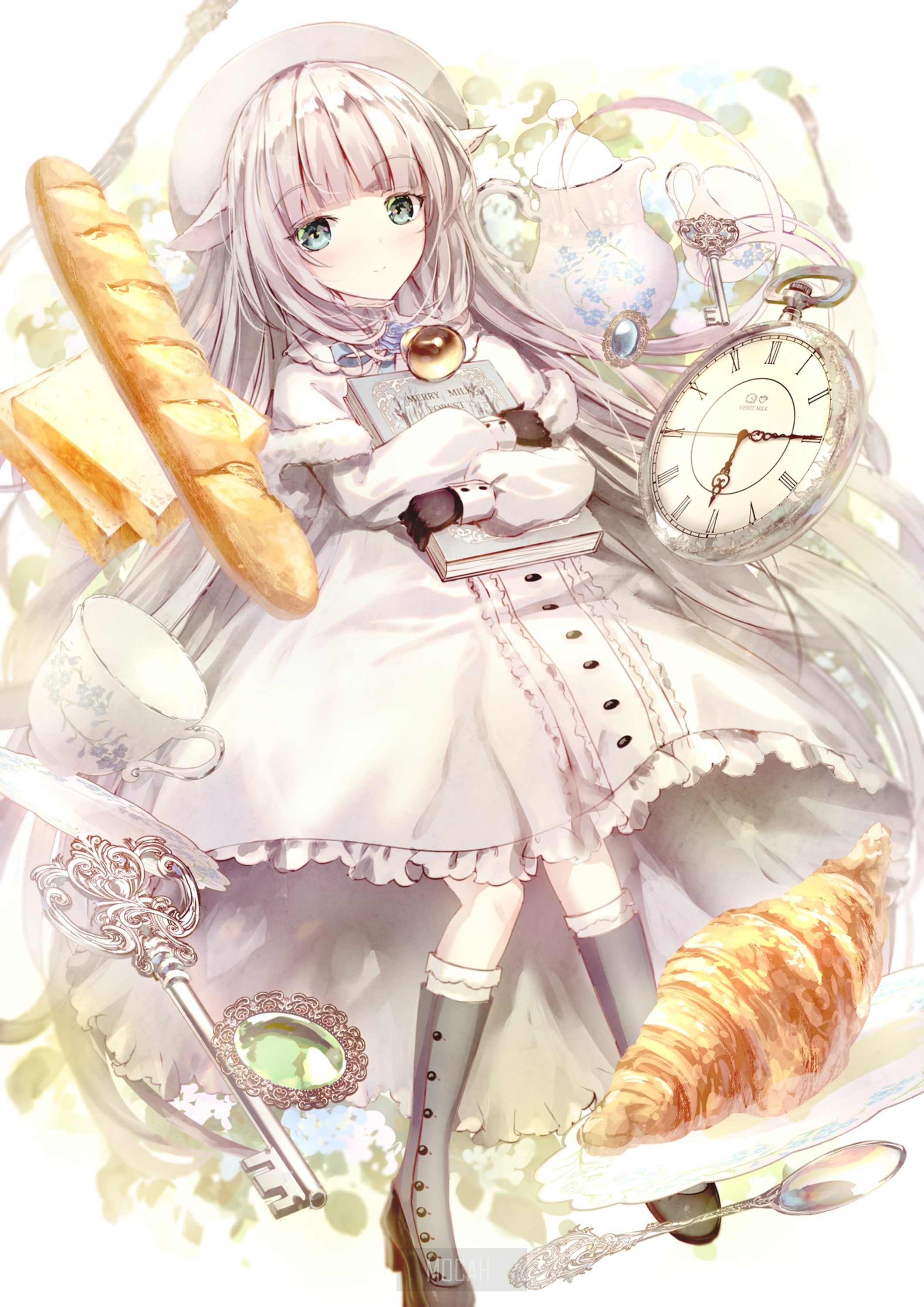 Anime girl with bread, tea set, and clock HD Phone Wallpaper