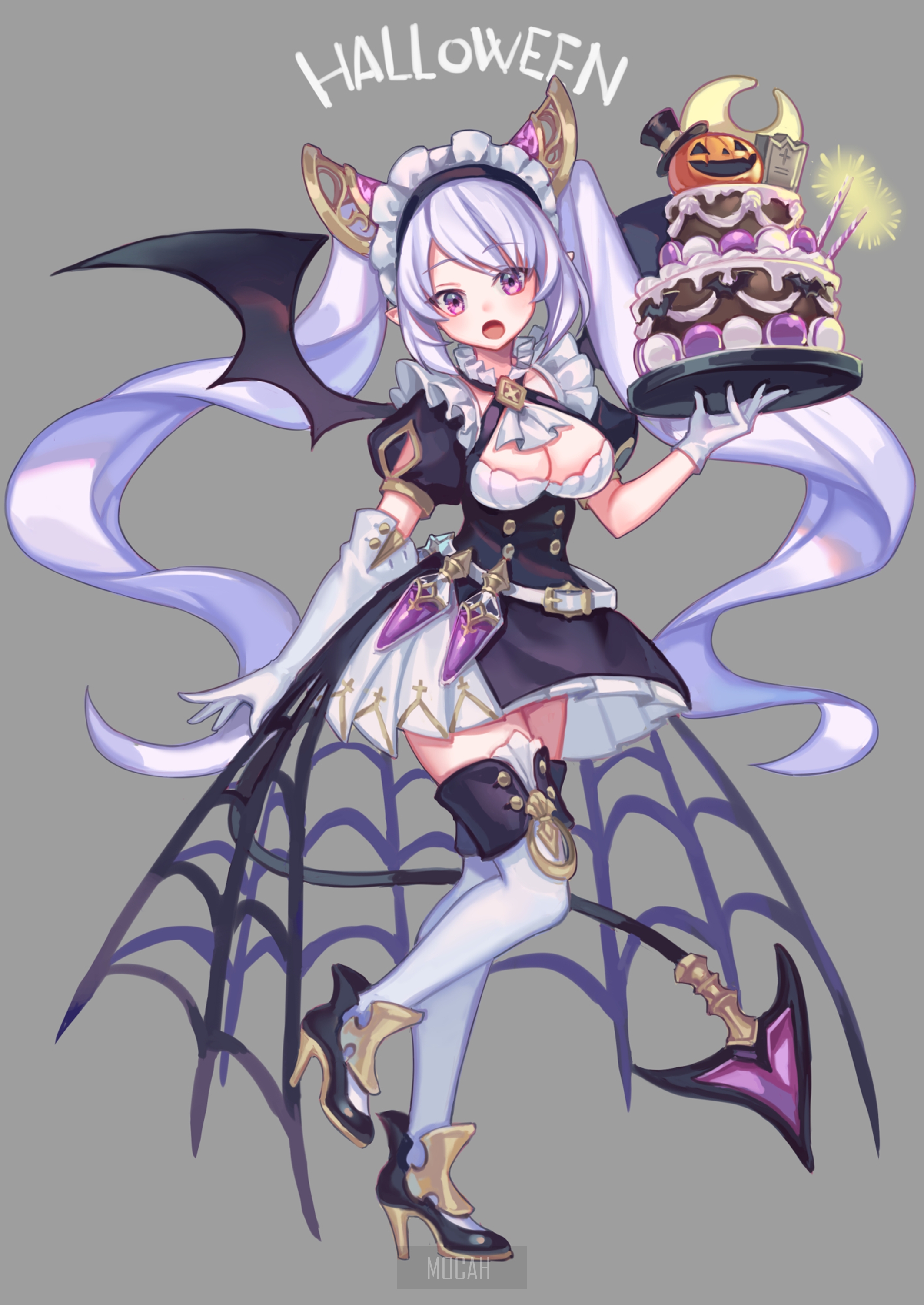 Anime girl in Halloween maid outfit holding a cake HD Phone Wallpaper