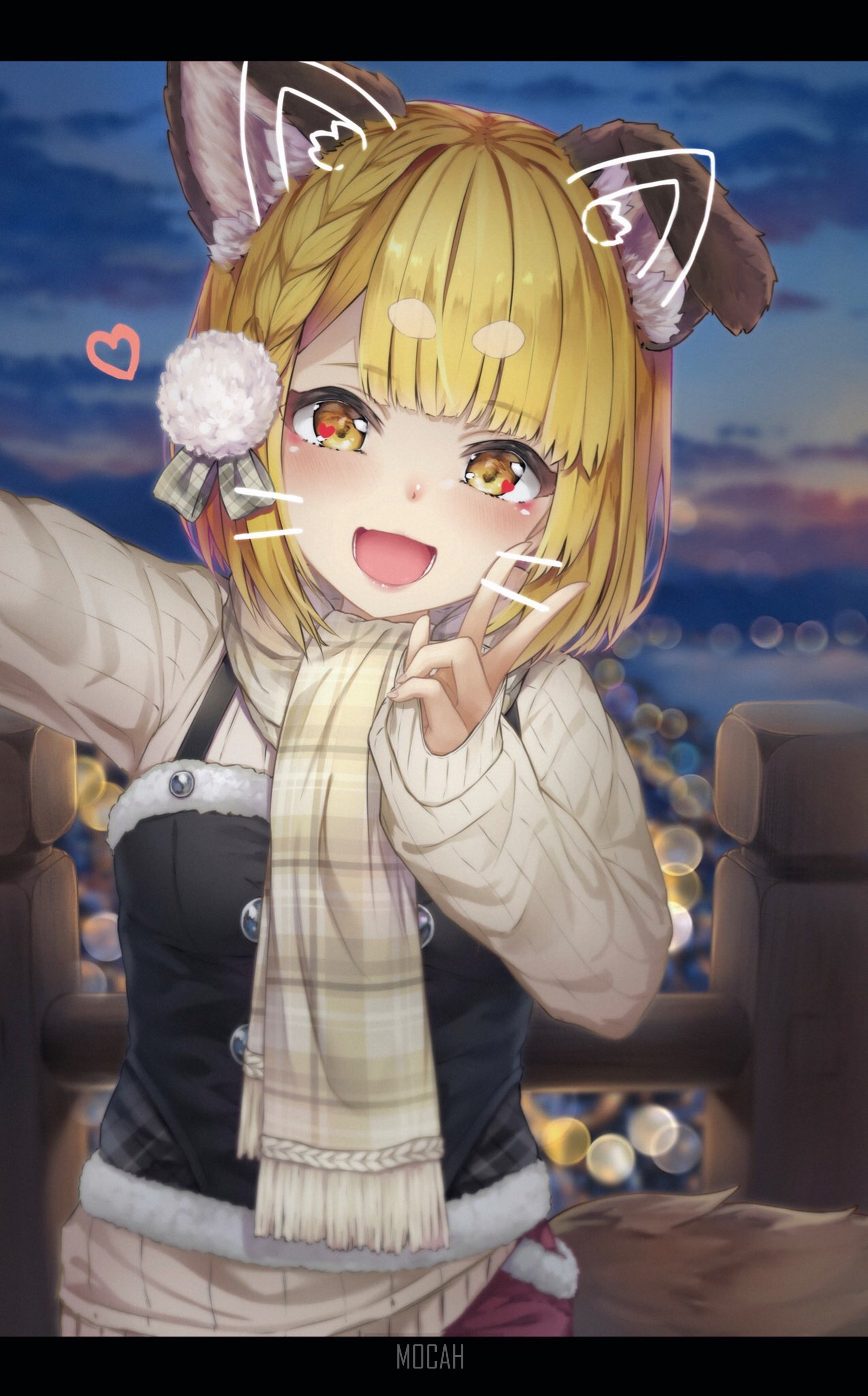 Anime girl with dog ears taking a selfie HD Phone Wallpaper