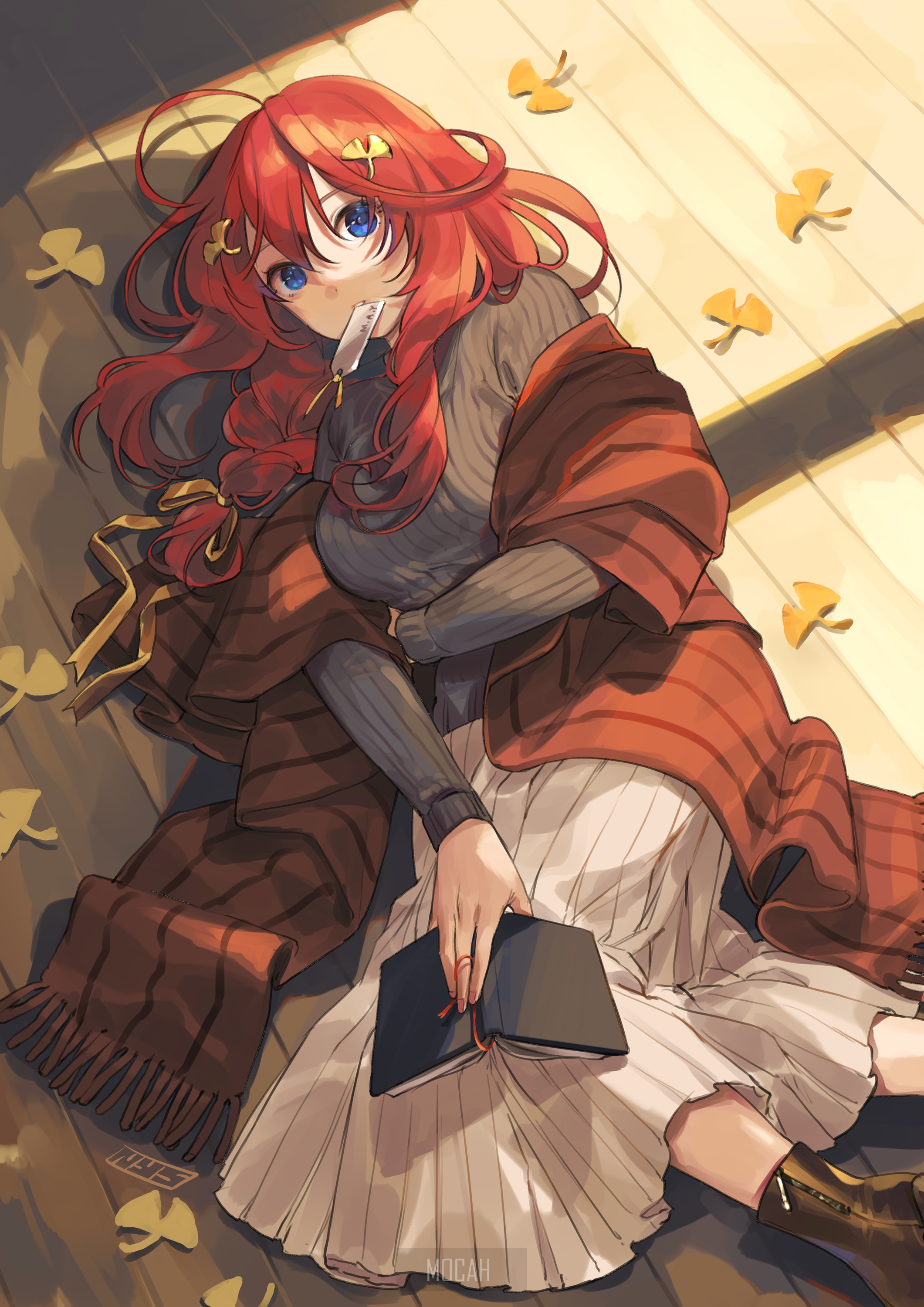 Red-Haired Anime Girl Relaxing with Book HD Phone Wallpaper