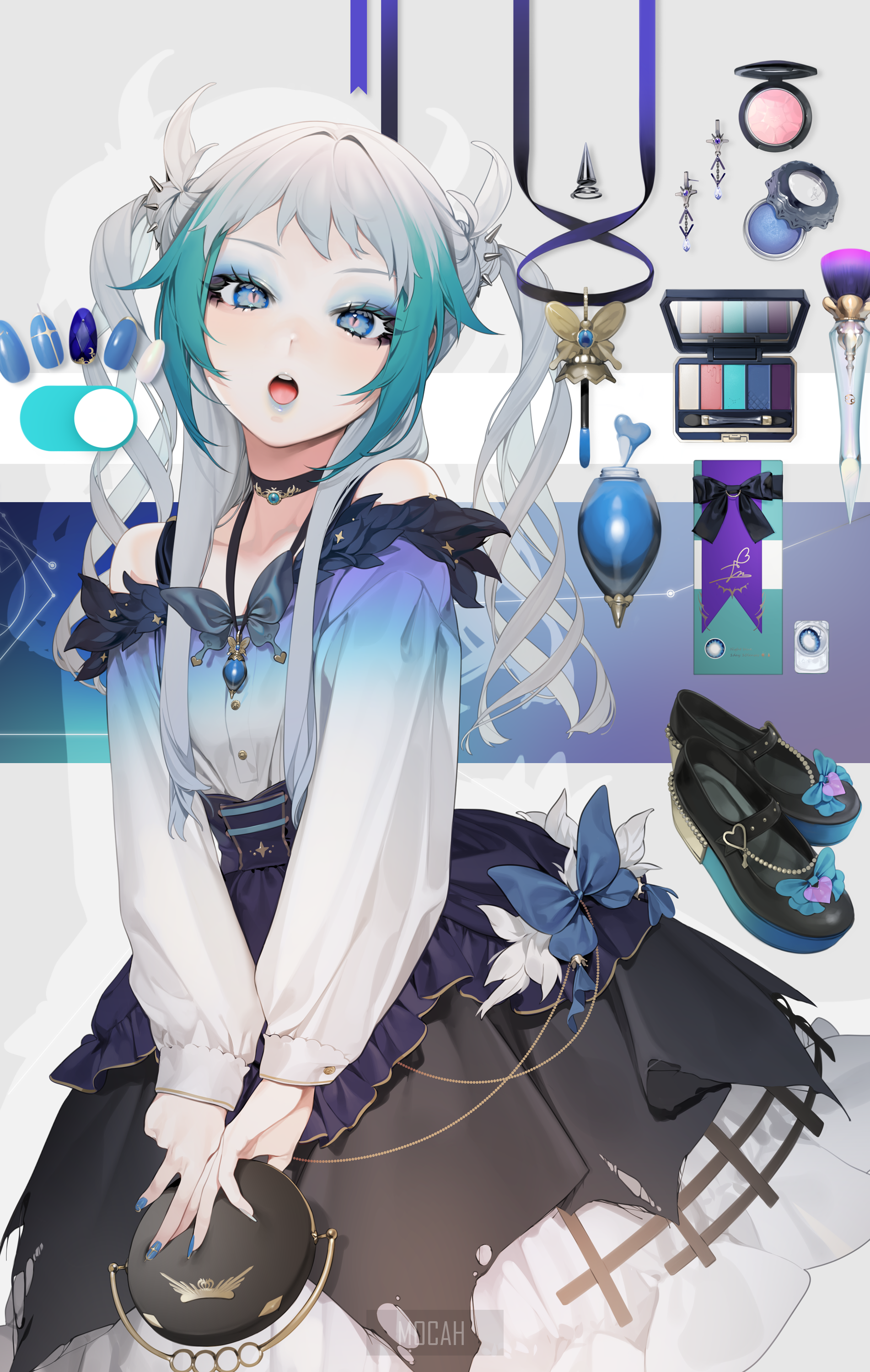 Anime girl with blue and white hair and makeup HD Phone Wallpaper