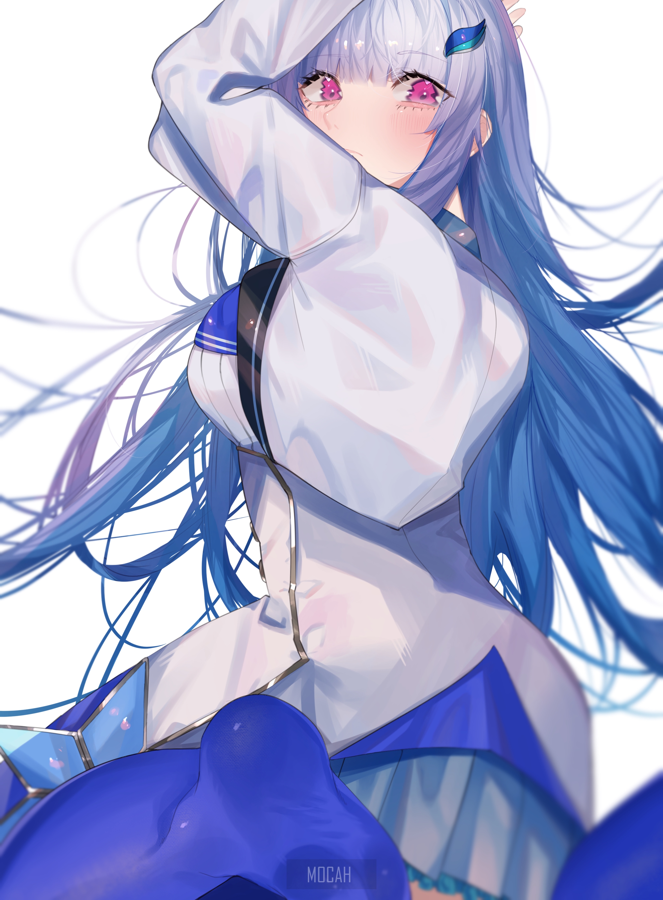 Anime Girl with Flowing Blue Hair and Pink Eyes HD Phone Wallpaper