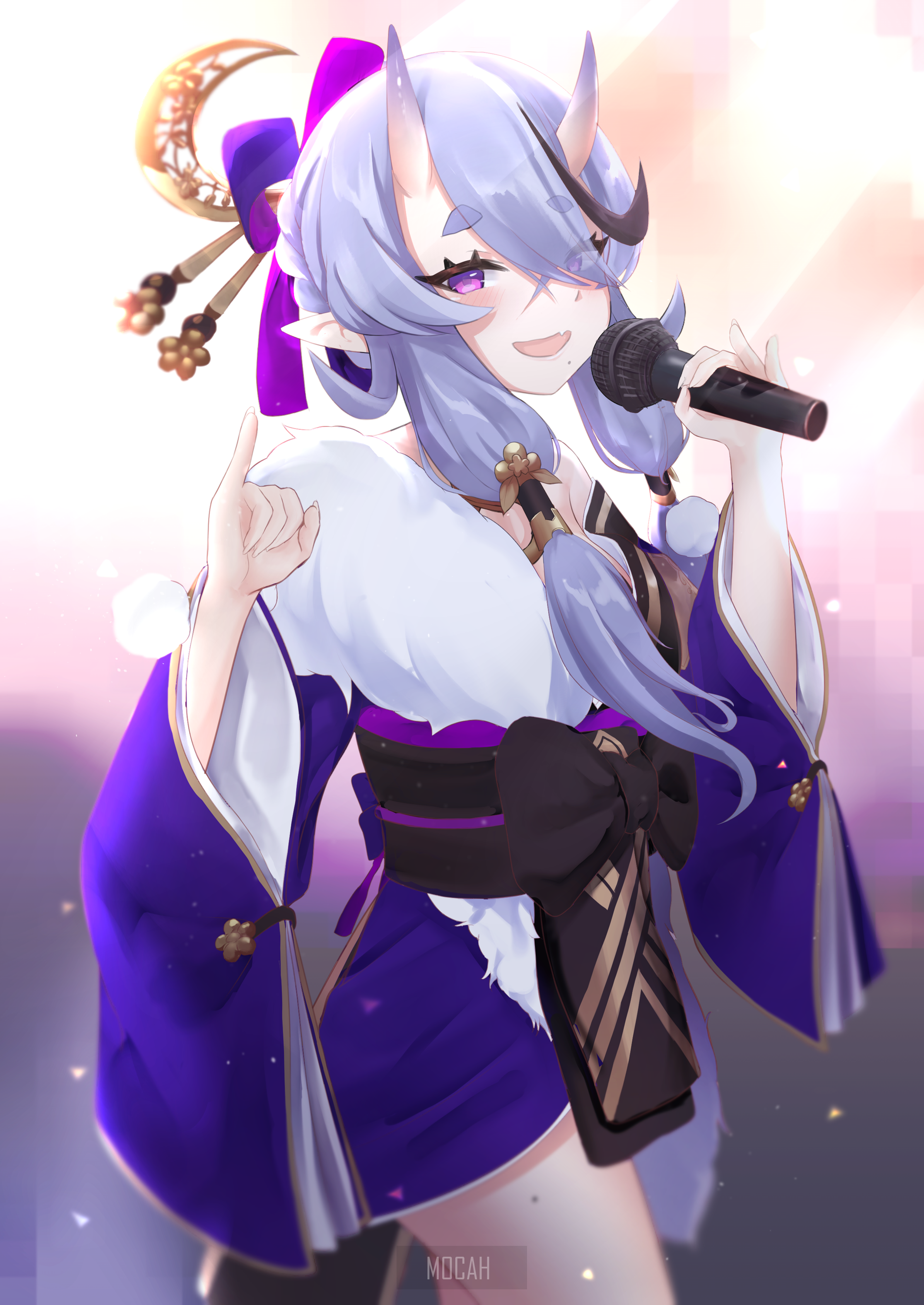 Anime girl with horns singing into microphone HD Phone Wallpaper