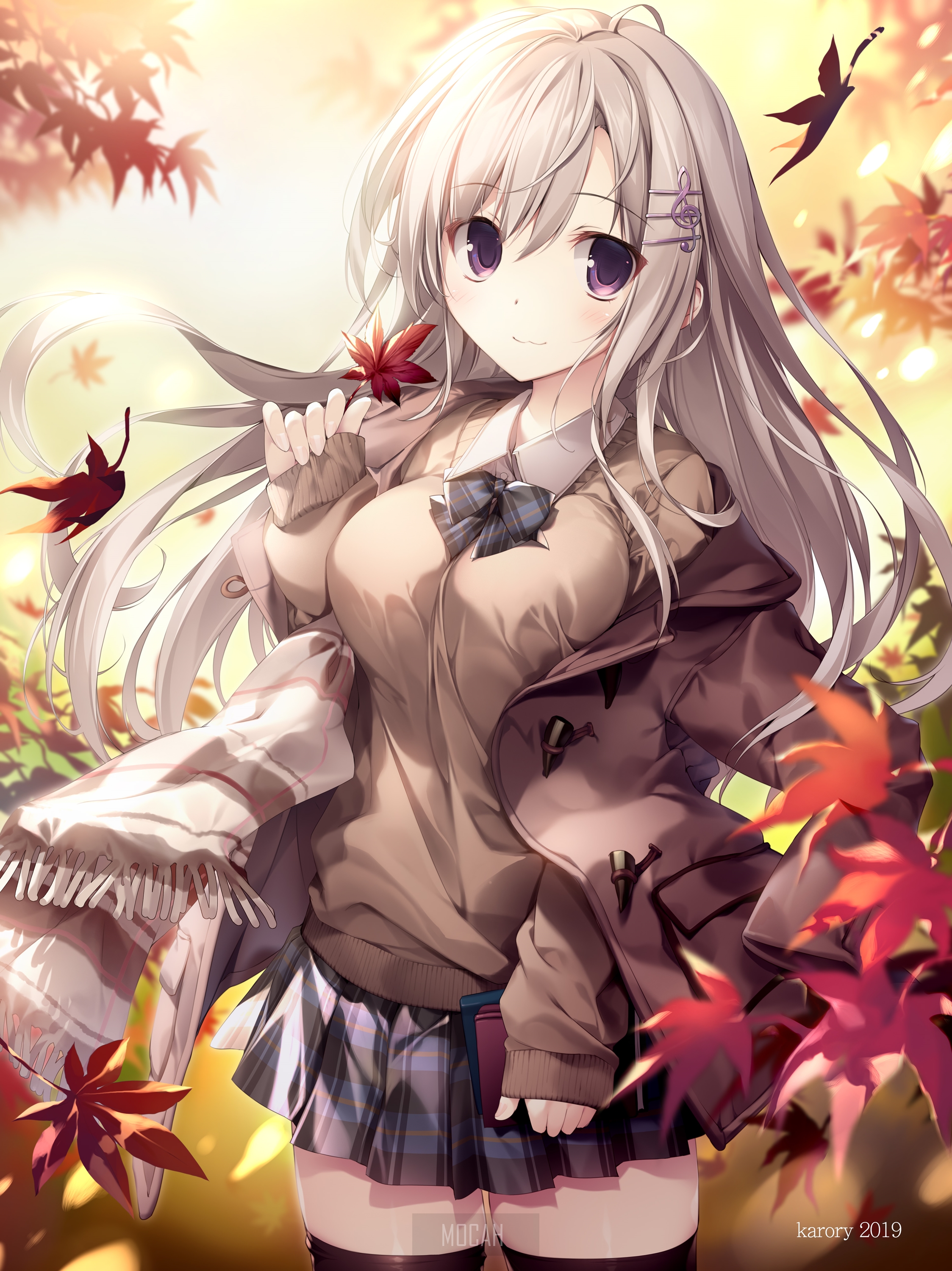 Anime girl with long white hair and purple eyes in autumn HD Phone Wallpaper
