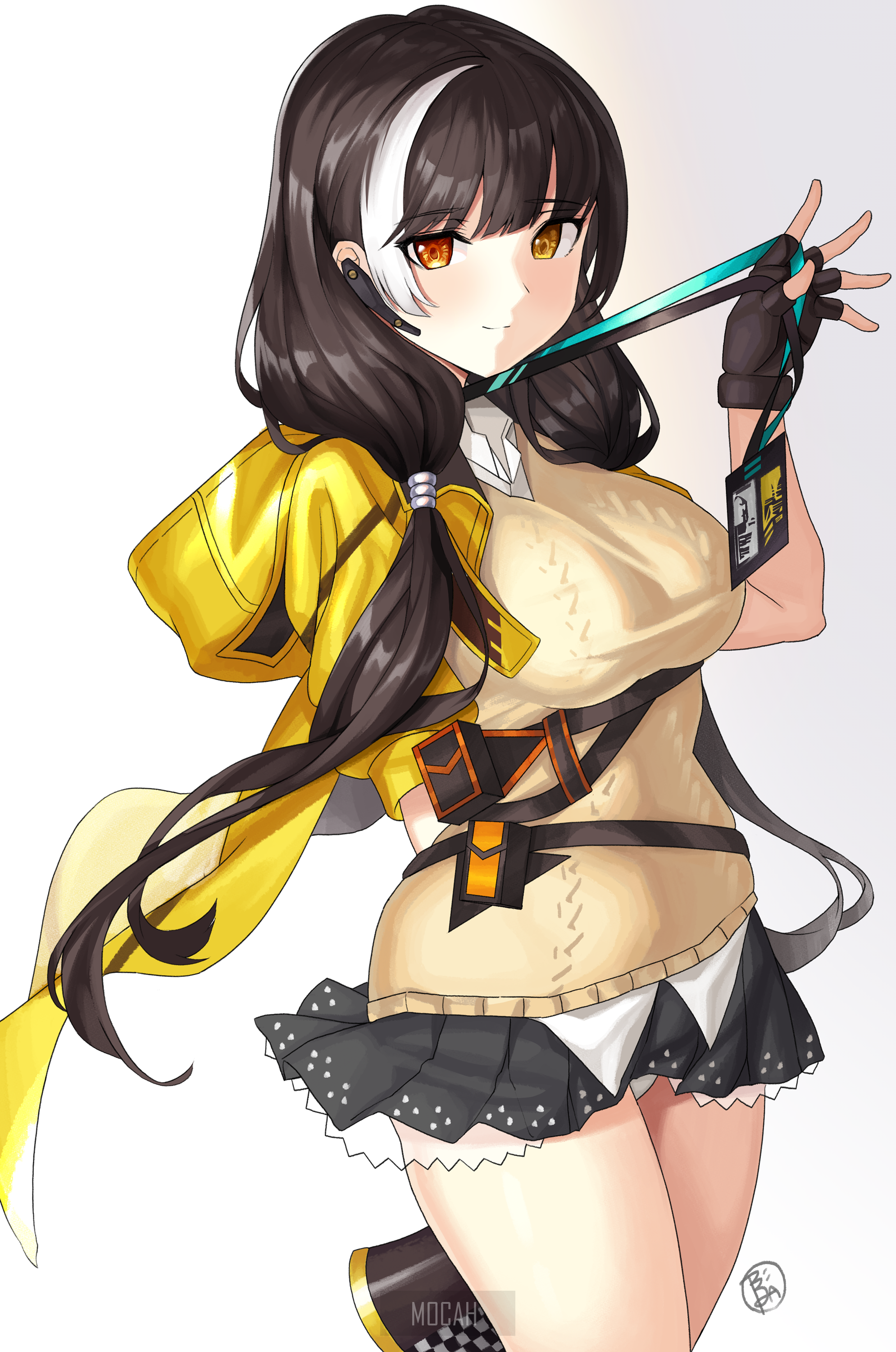 Anime girl with dark hair and white streak, yellow jacket HD Phone Wallpaper