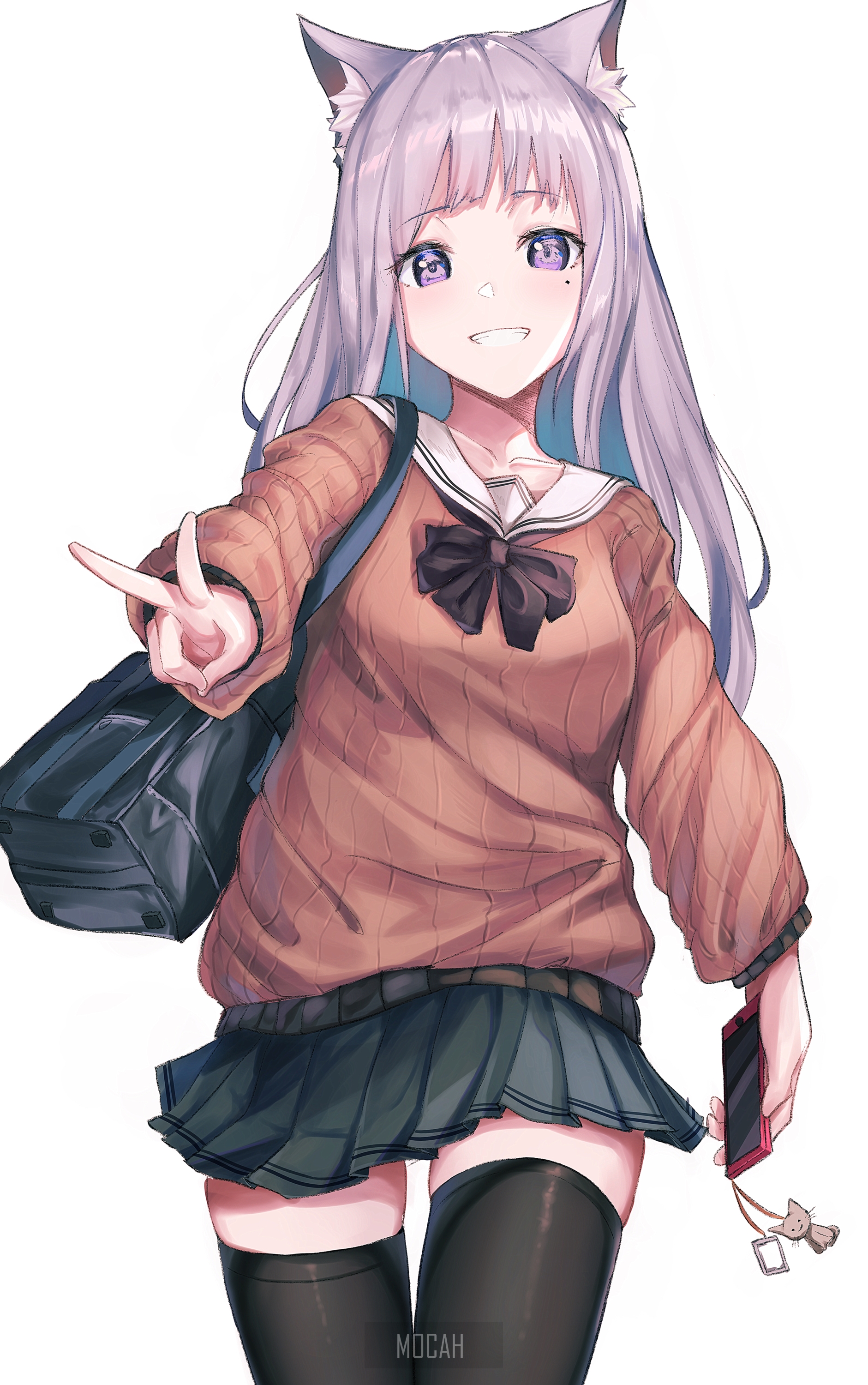 Anime girl with cat ears and school uniform HD Phone Wallpaper
