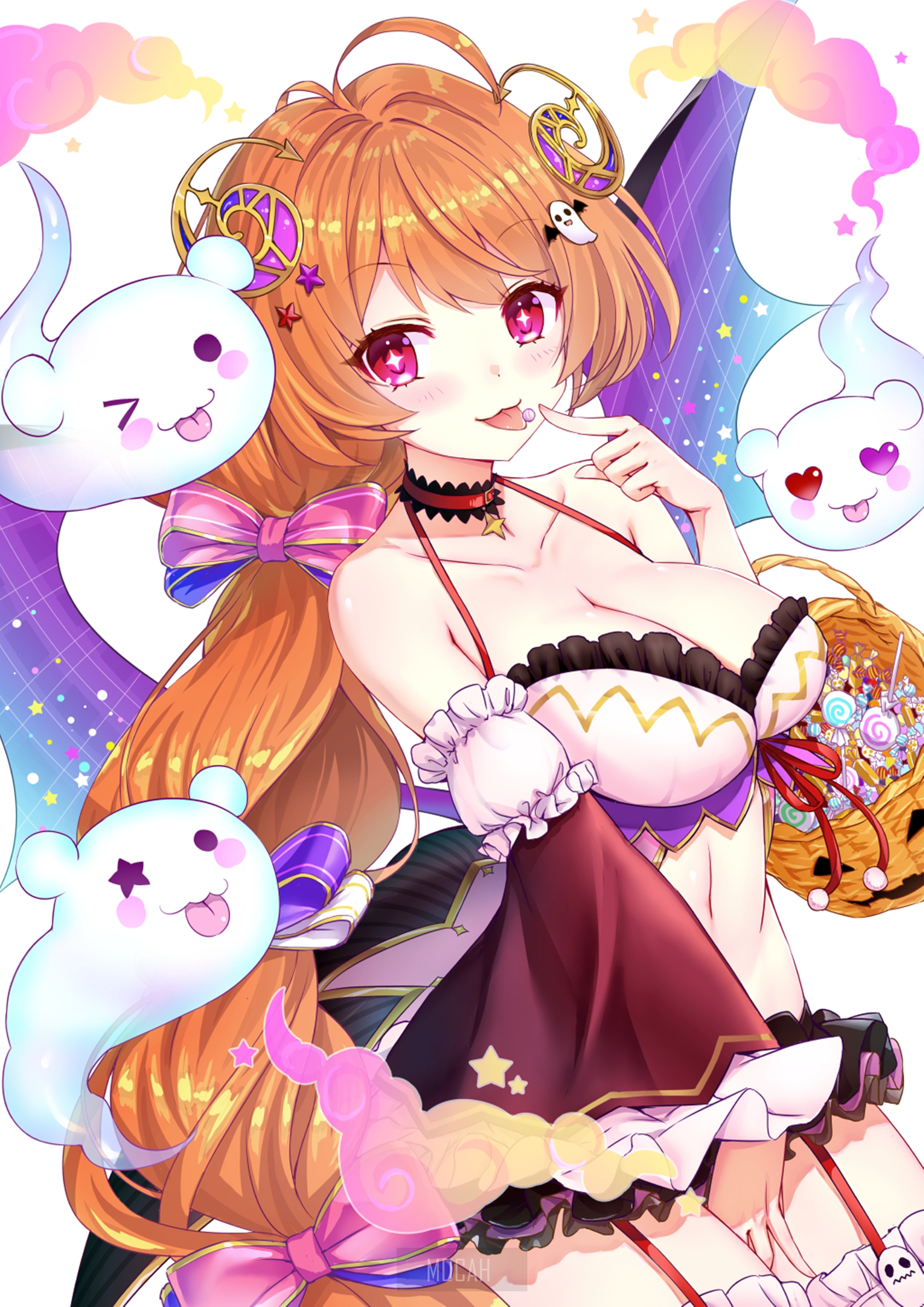 Anime girl with Halloween costume and ghosts HD Phone Wallpaper