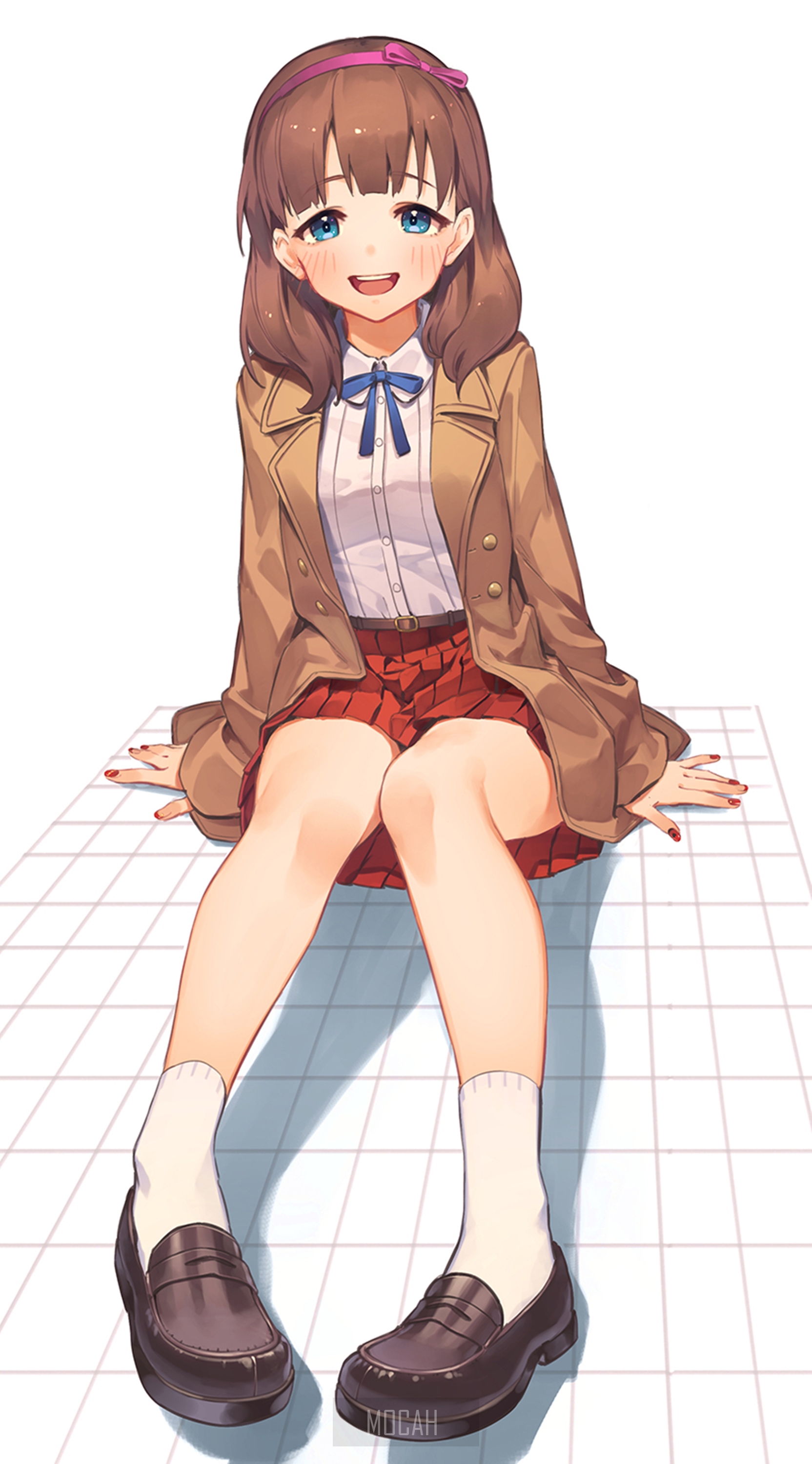 Anime girl in school uniform sitting on grid HD Phone Wallpaper