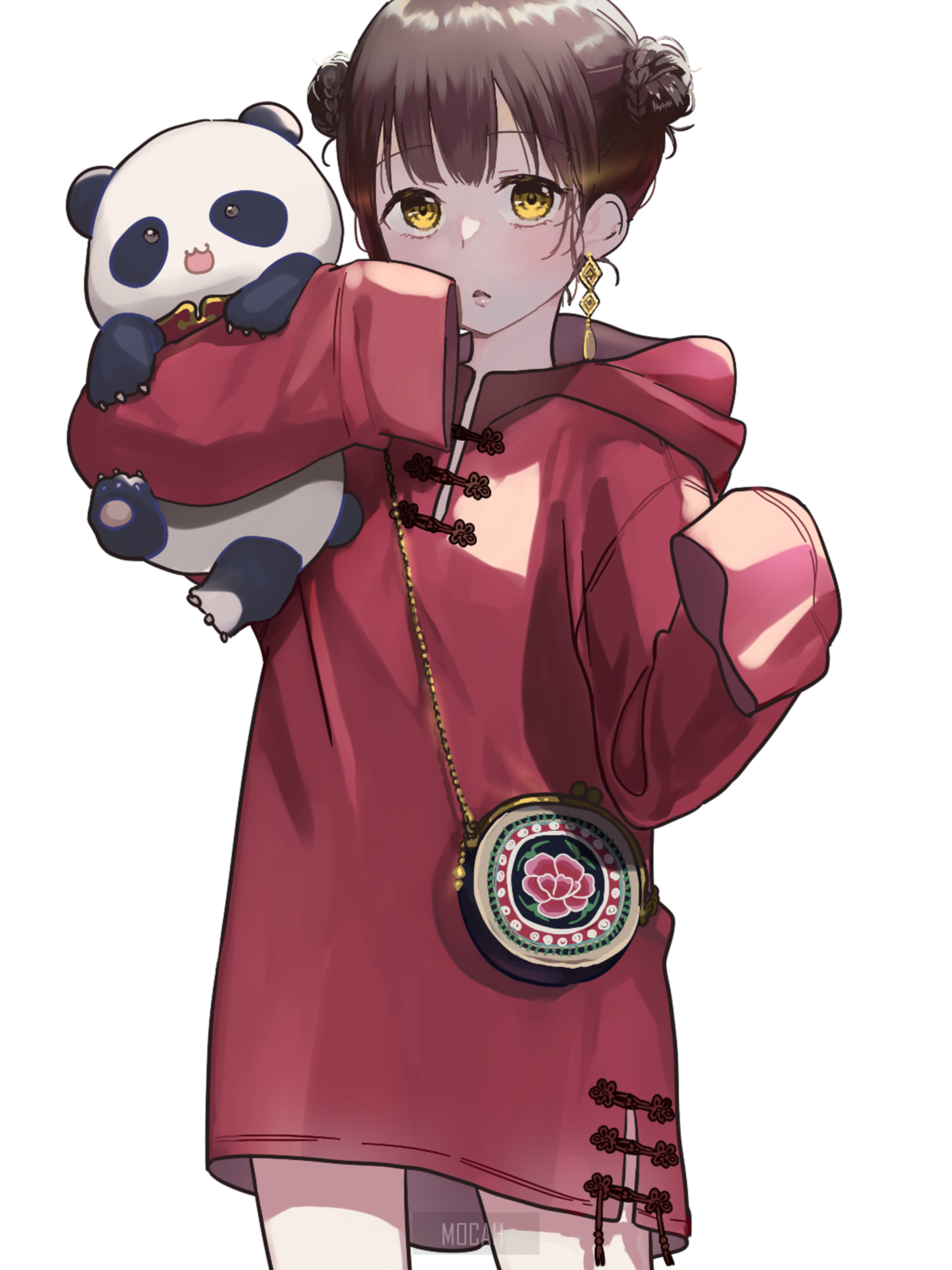 Anime girl in red dress holding a panda plush HD Phone Wallpaper