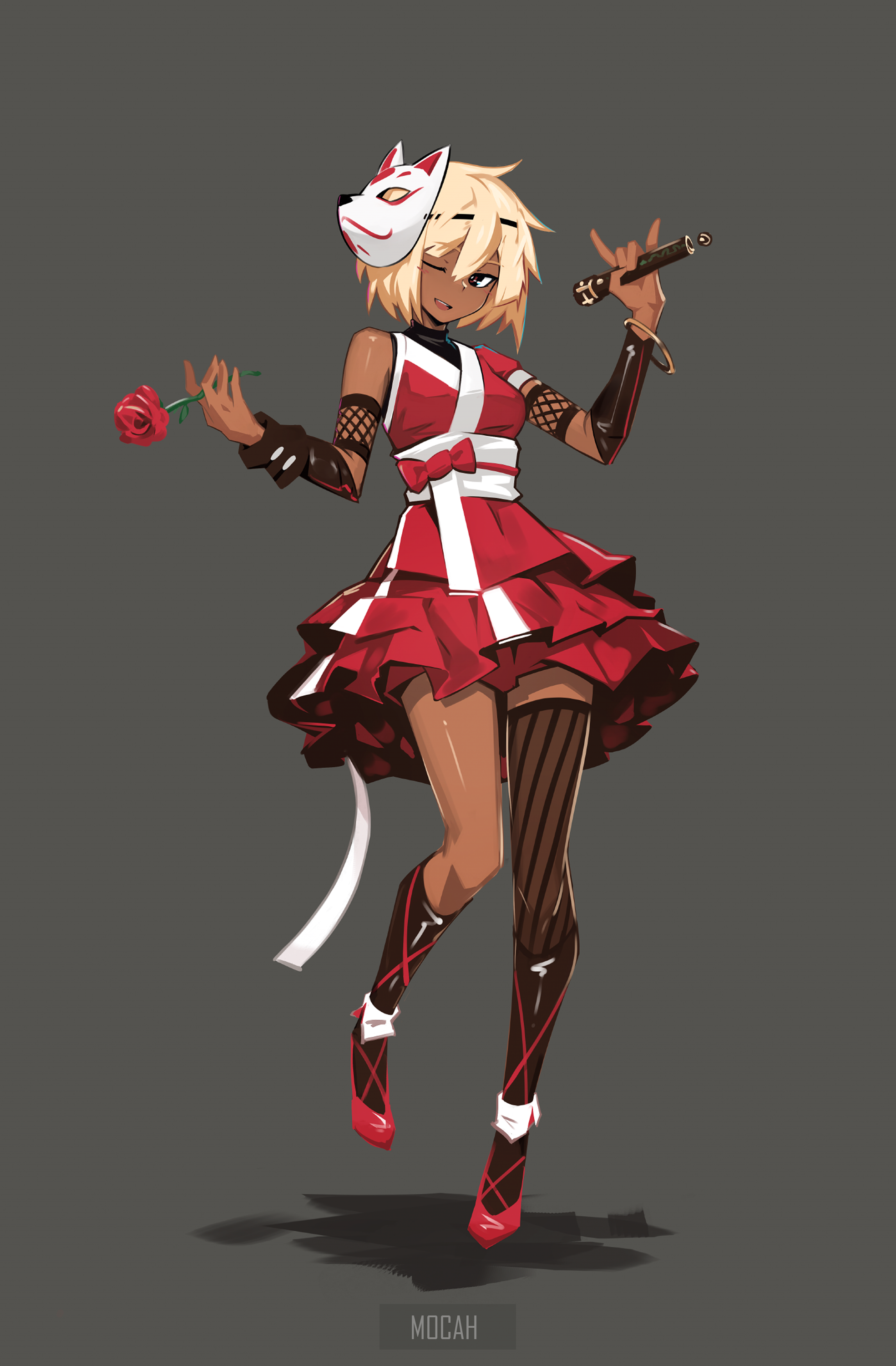 Anime girl with fox mask holding a rose and a cigar HD Phone Wallpaper