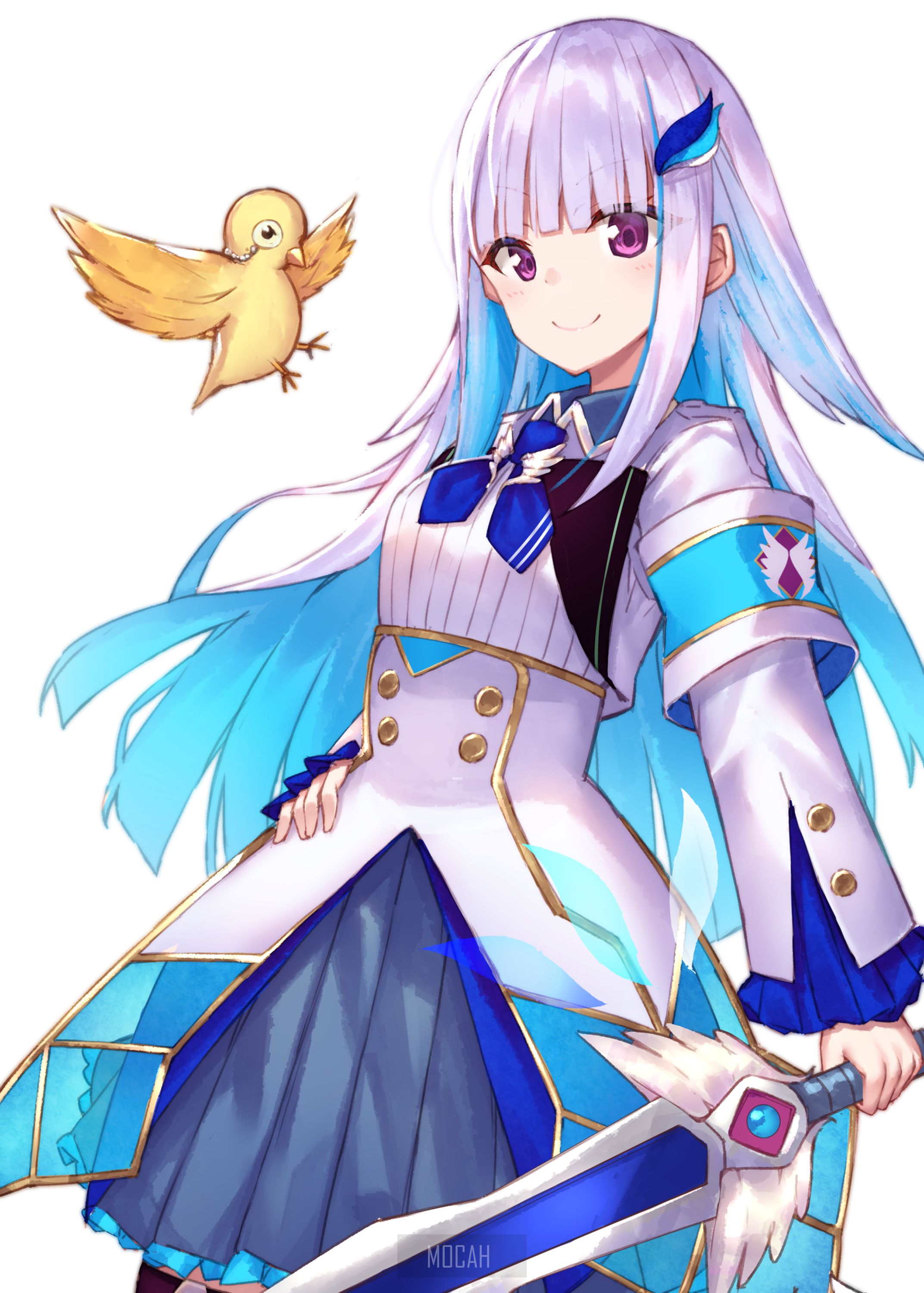 Anime girl with blue and purple hair and a sword HD Phone Wallpaper