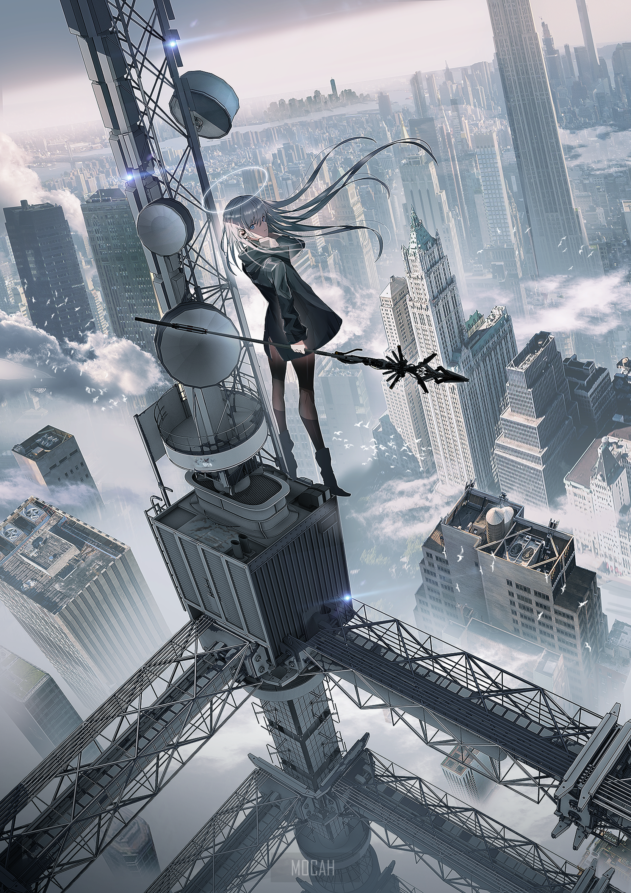 Anime girl with halo and spear on radio tower overlooking city HD Phone Wallpaper