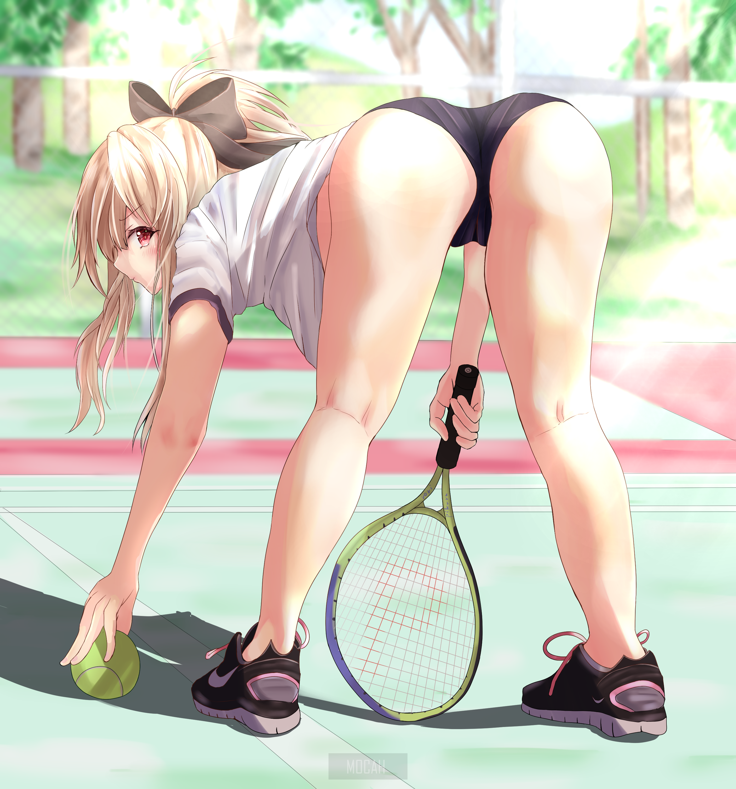 Anime girl in sports bra and shorts on tennis court HD Phone Wallpaper